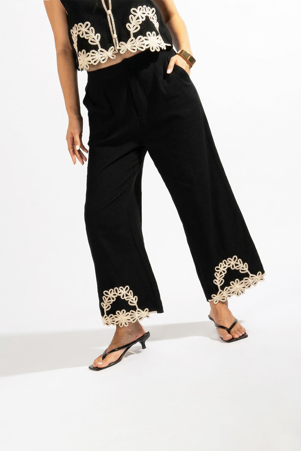 Pantalón Lino Bordado - Negro
