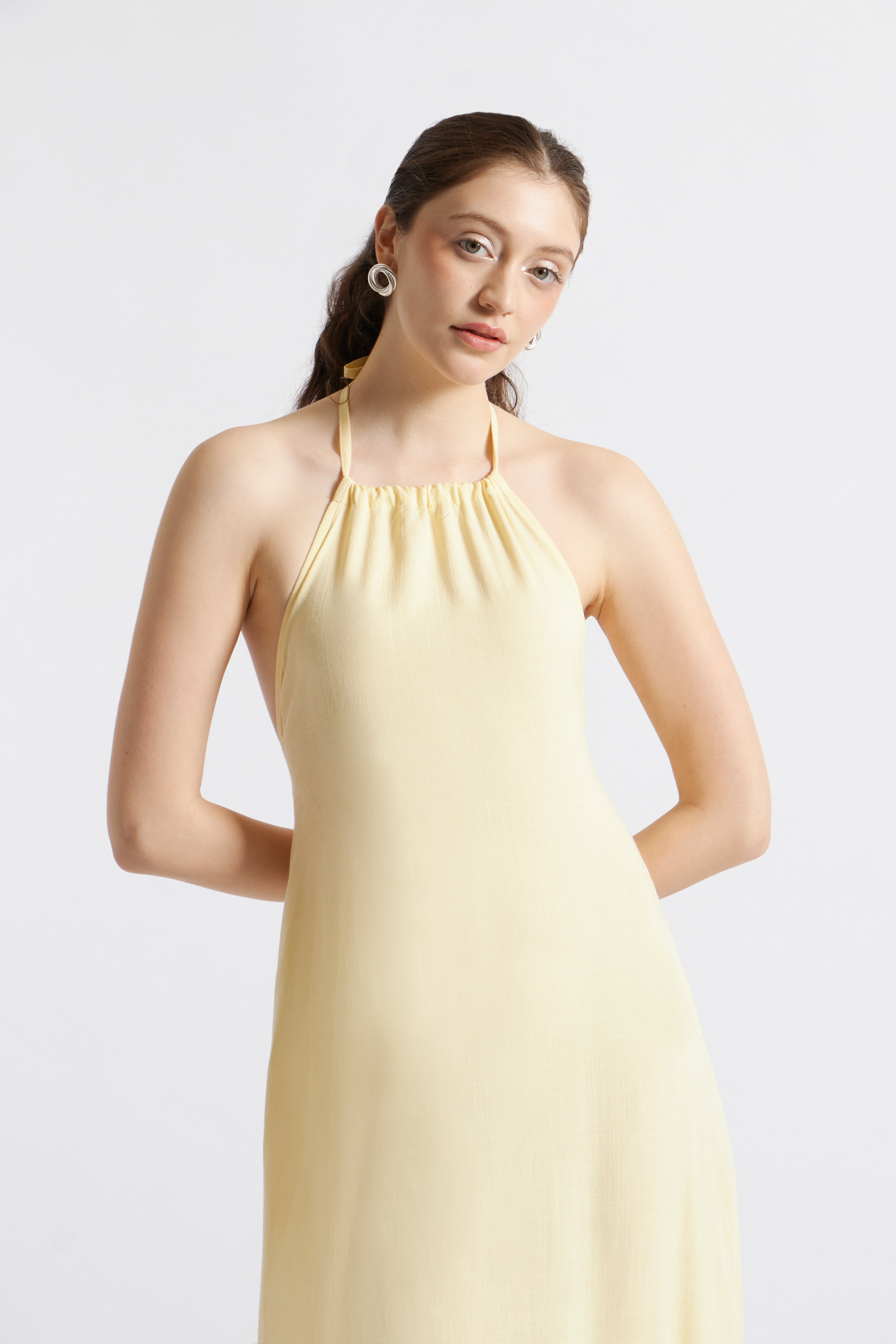 Vestido Lino Cuello Halter - Amarillo