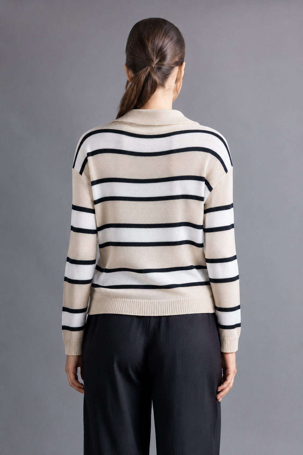 Sweater Camisero a Rayas - Ecru con Blanco