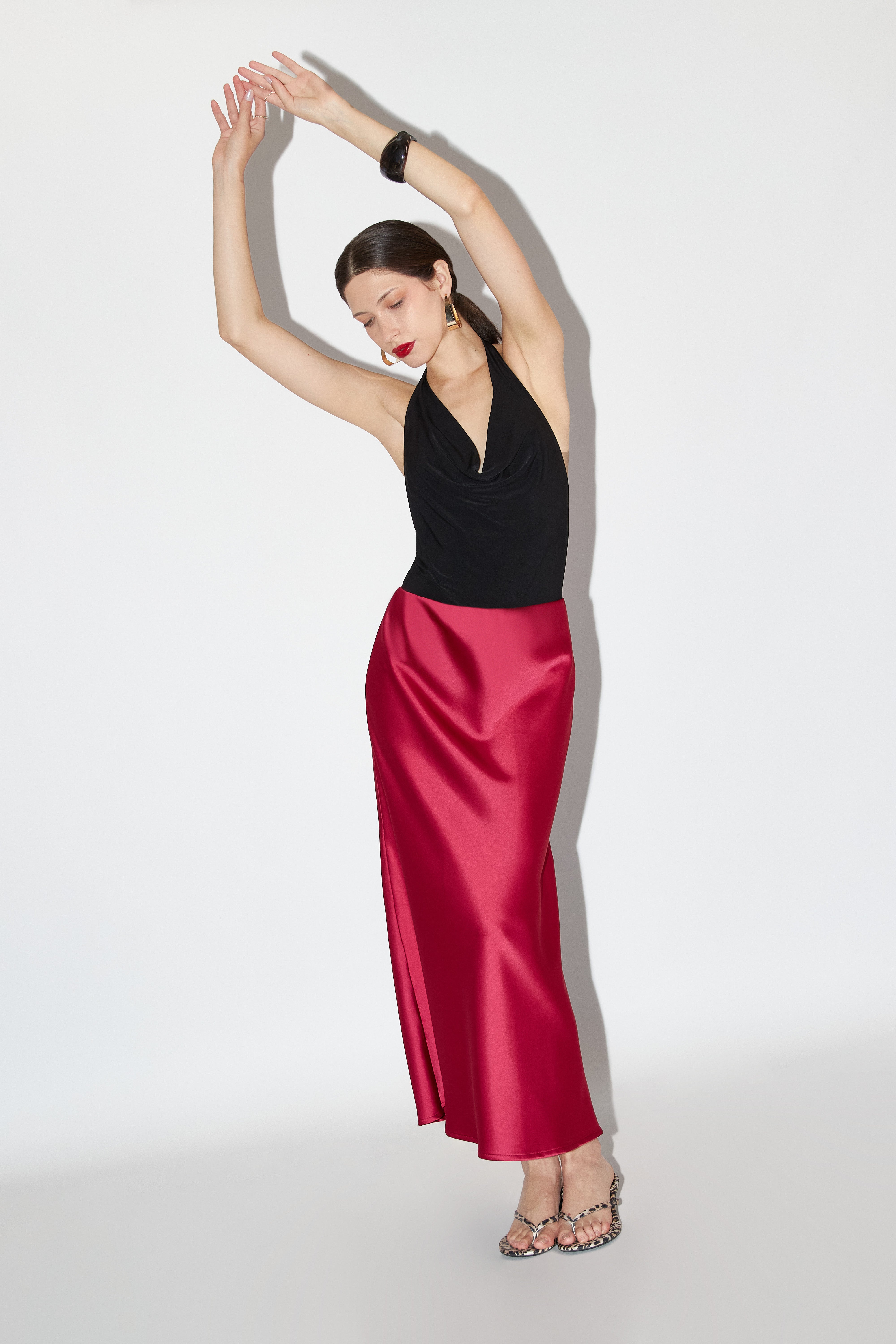 Falda Midi Satin - Guinda