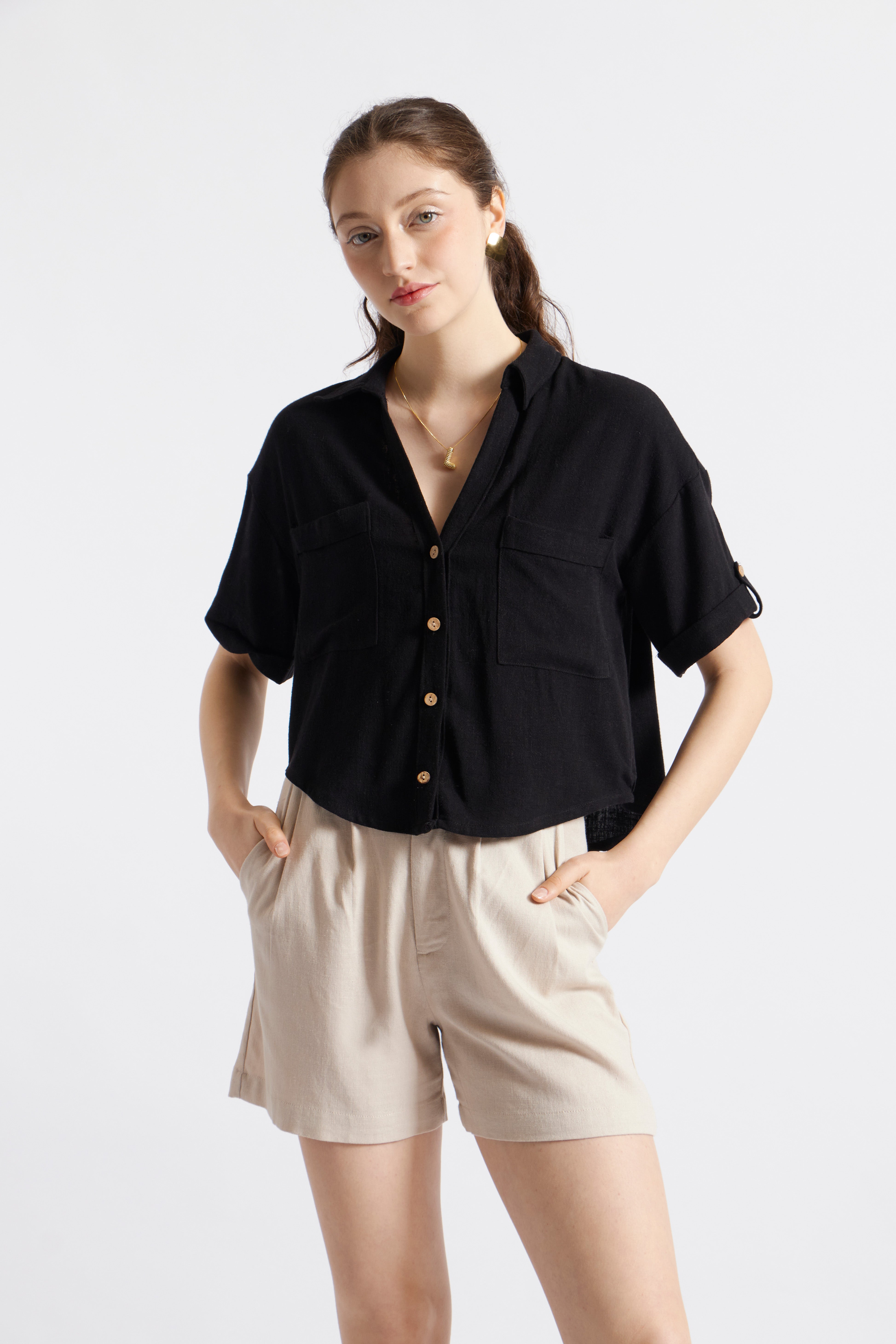 Blusa Corta Lino - Negro