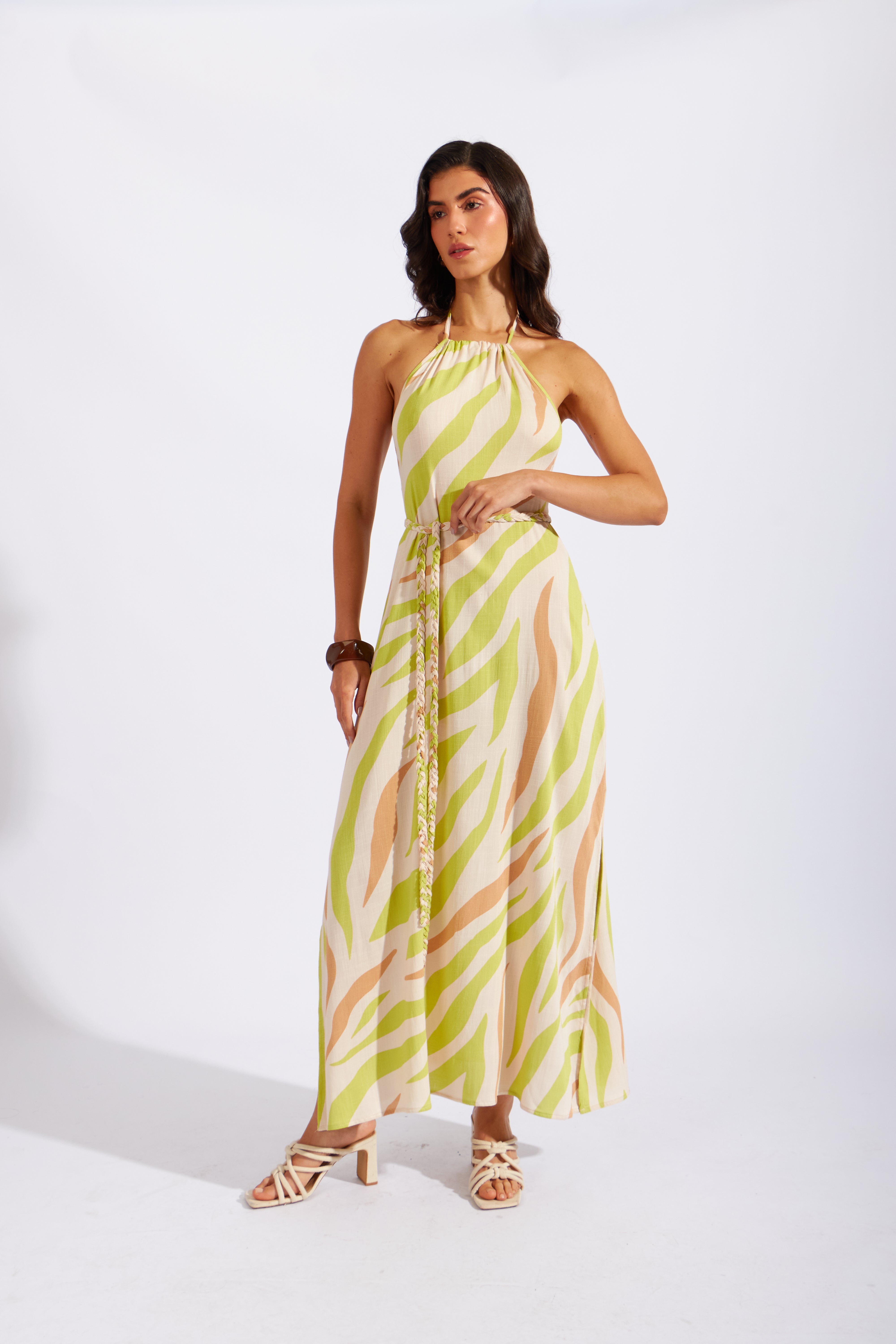 Vestido Halter Estampado - Beige