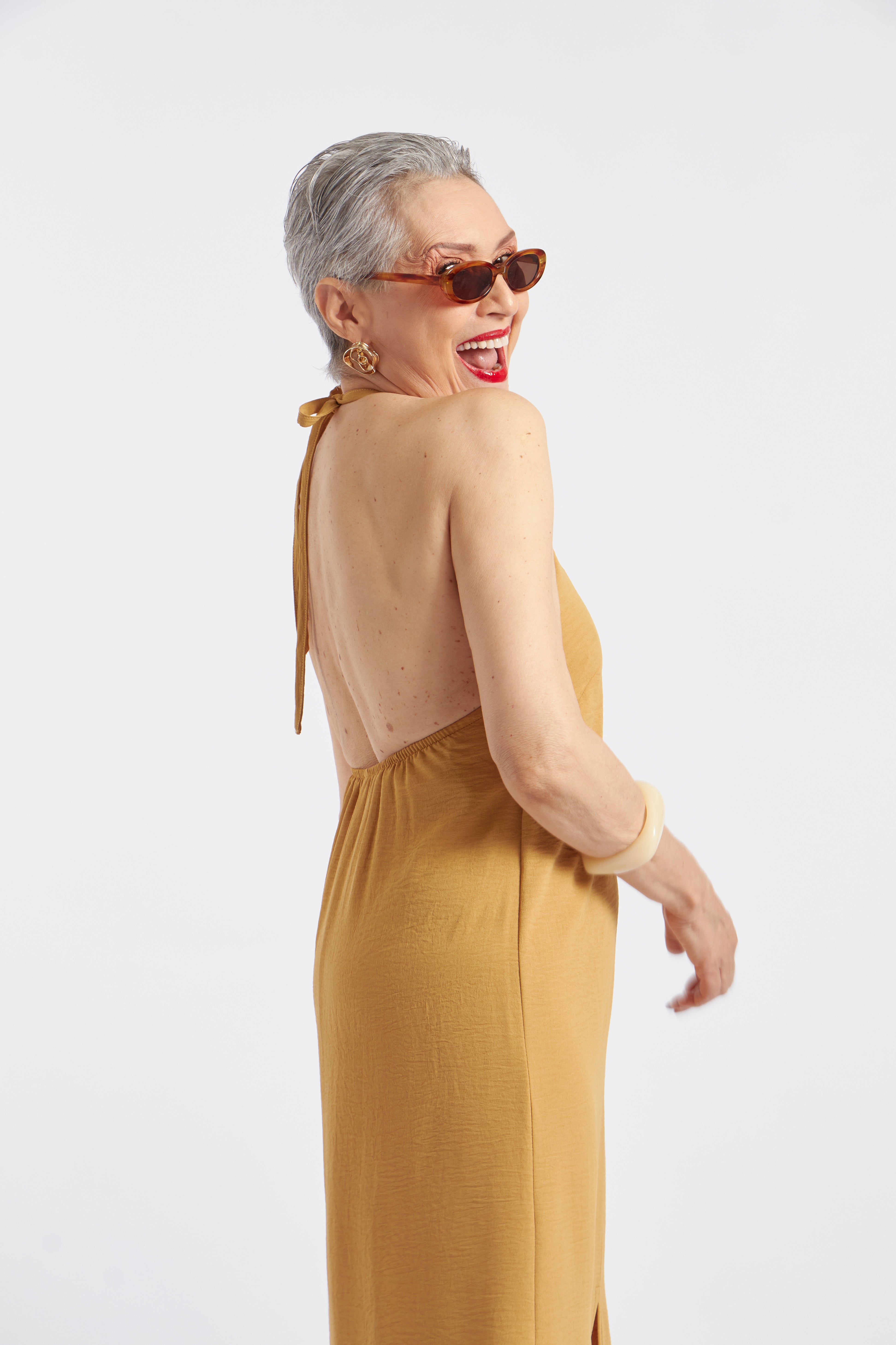Vestido Halter Abertura - Mostaza