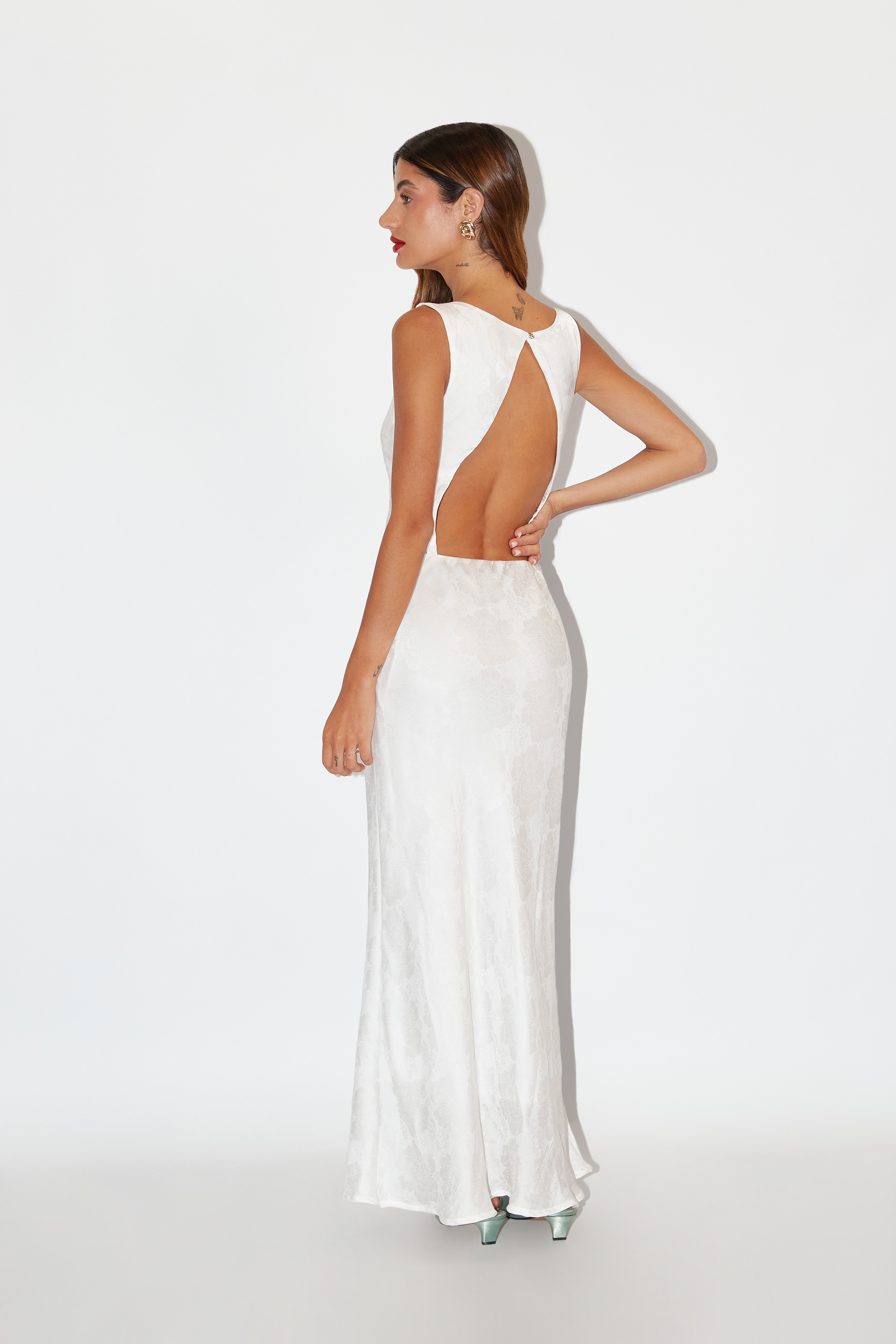 Vestido Satinado Flores - Perla
