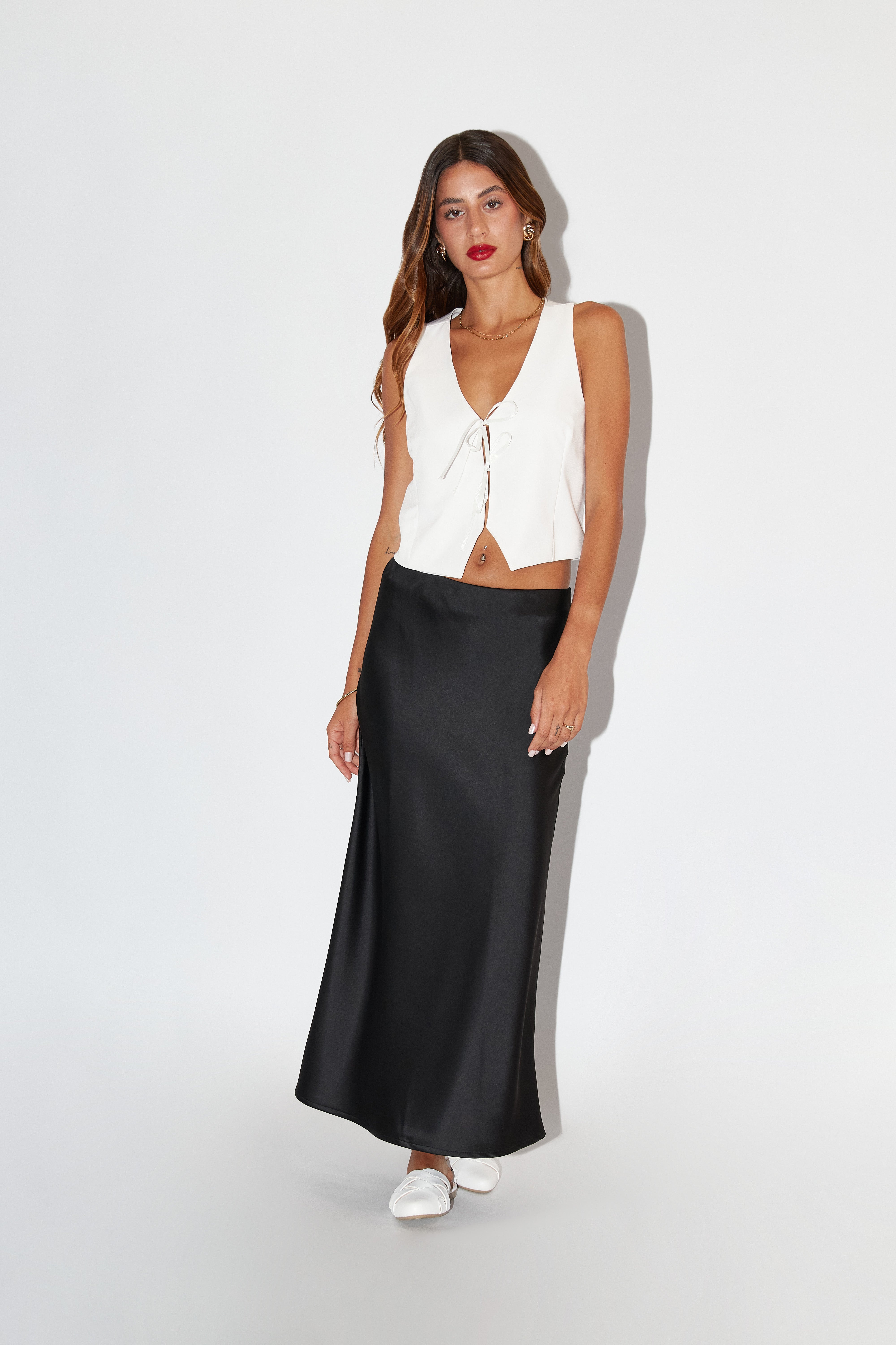 Falda Midi Satin - Negro