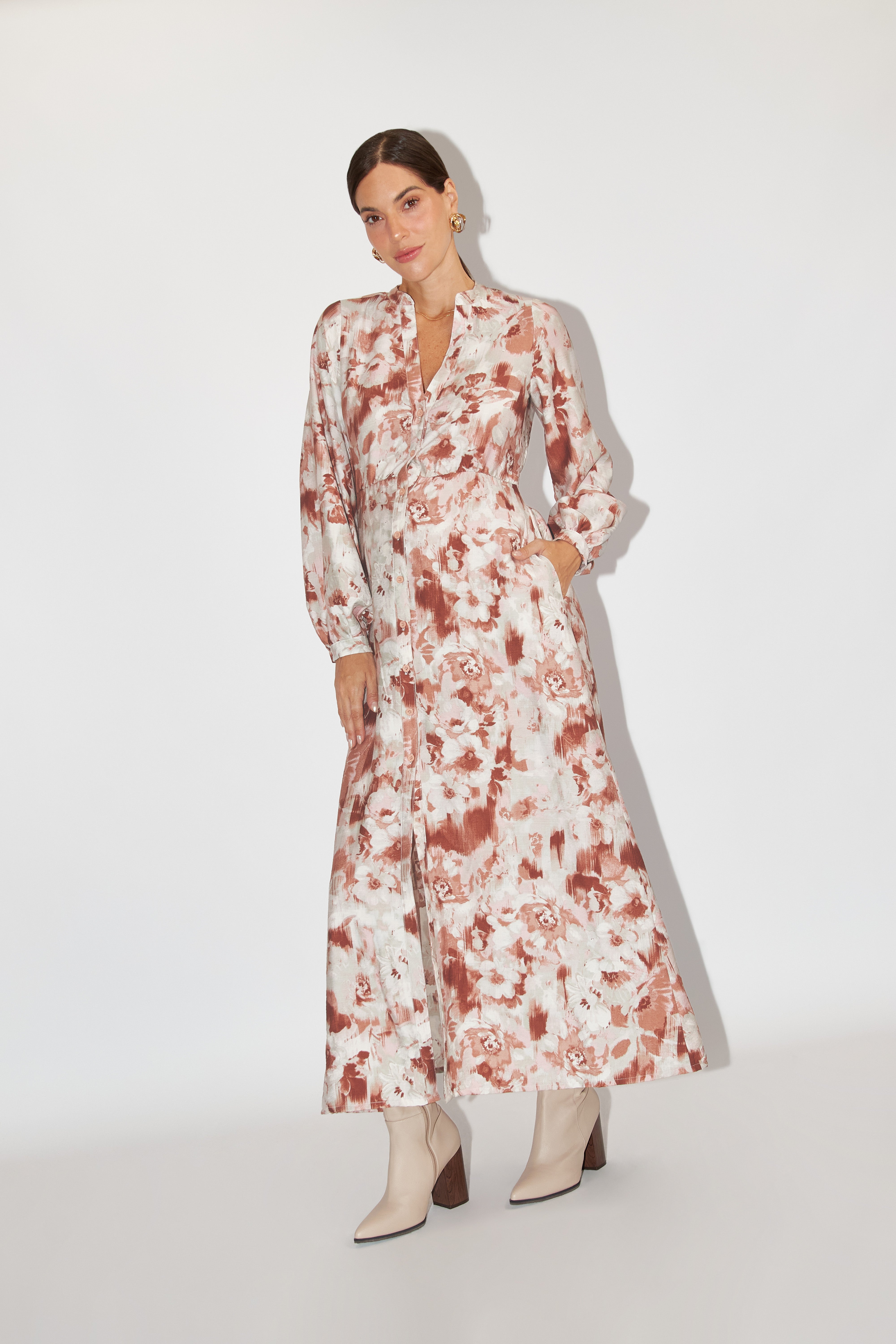 Vestido Midi Manga Larga - Estampado Flores Marrón