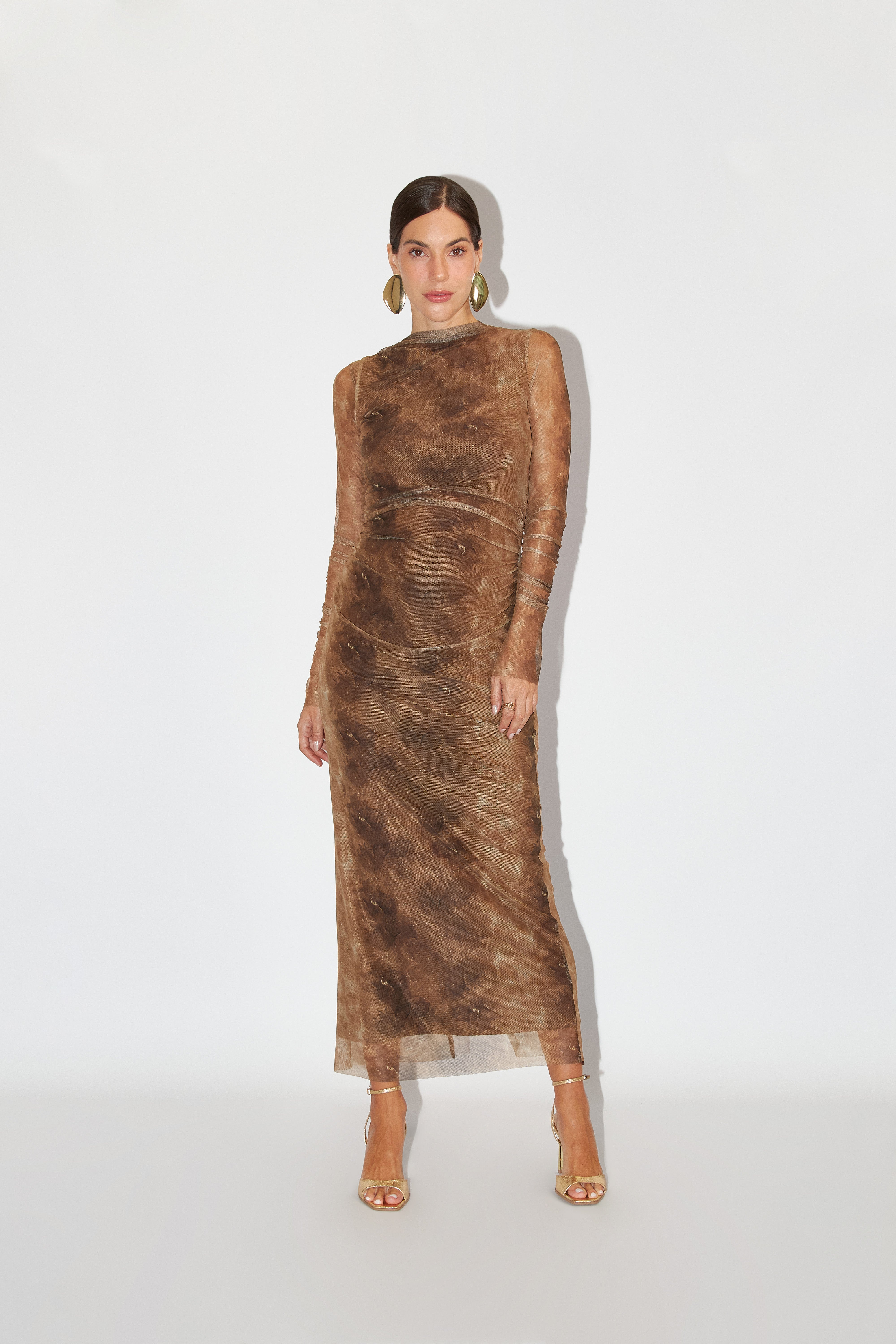 Vestido Cuello Cerrado - Estampado Marrón