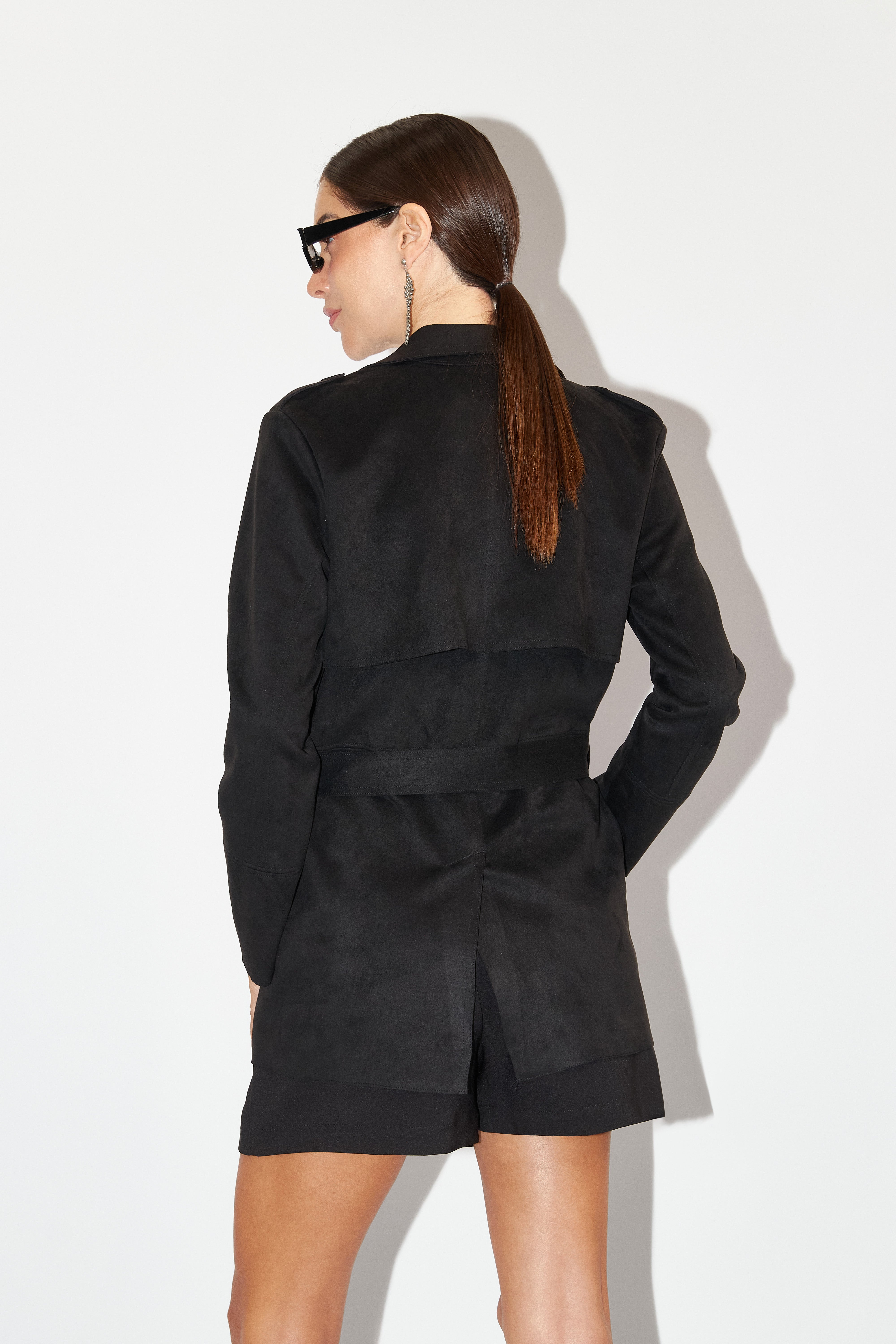 Trench Coat Corto Suede - Negro