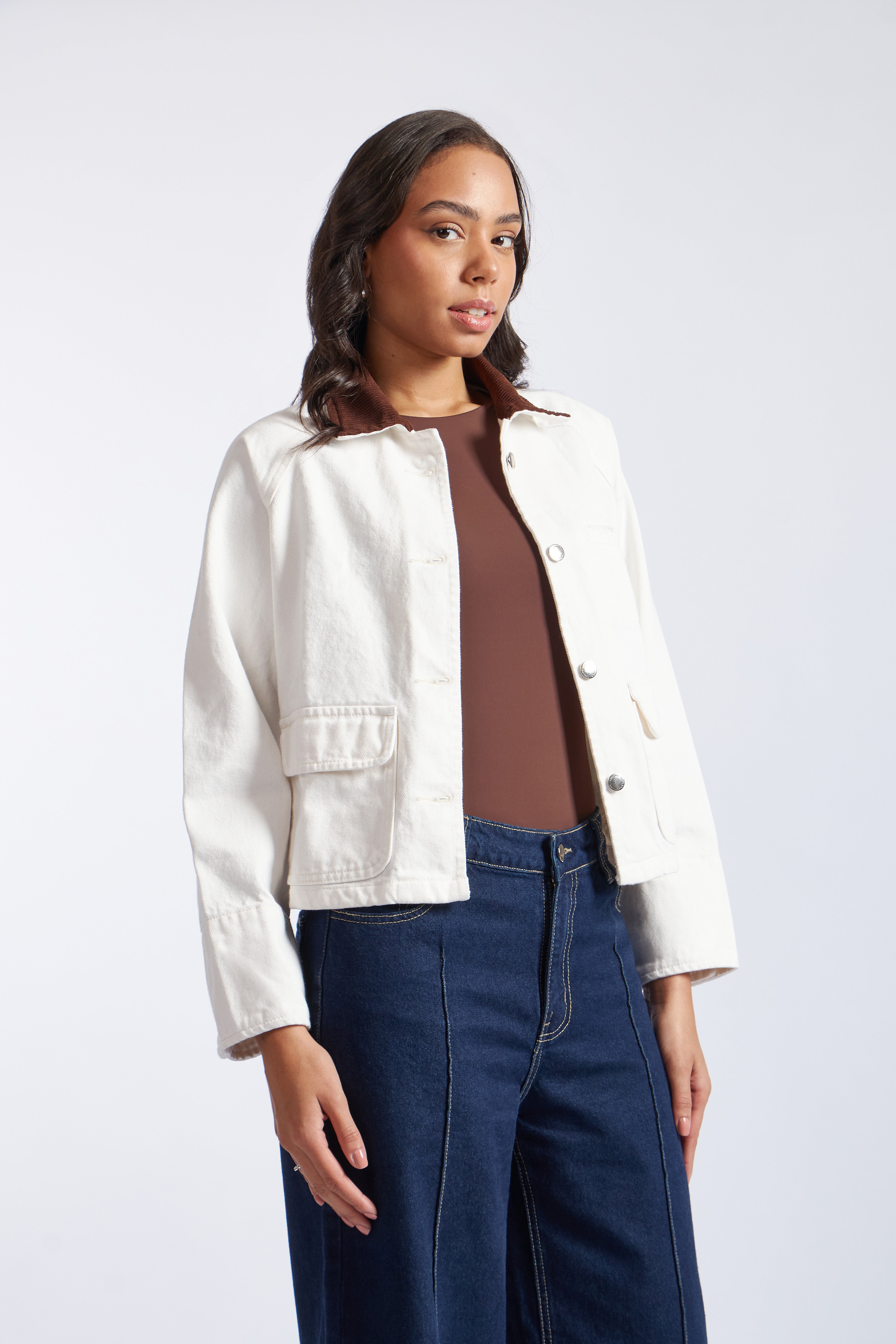 Casaca Denim Cuello Corduroy - Ecru