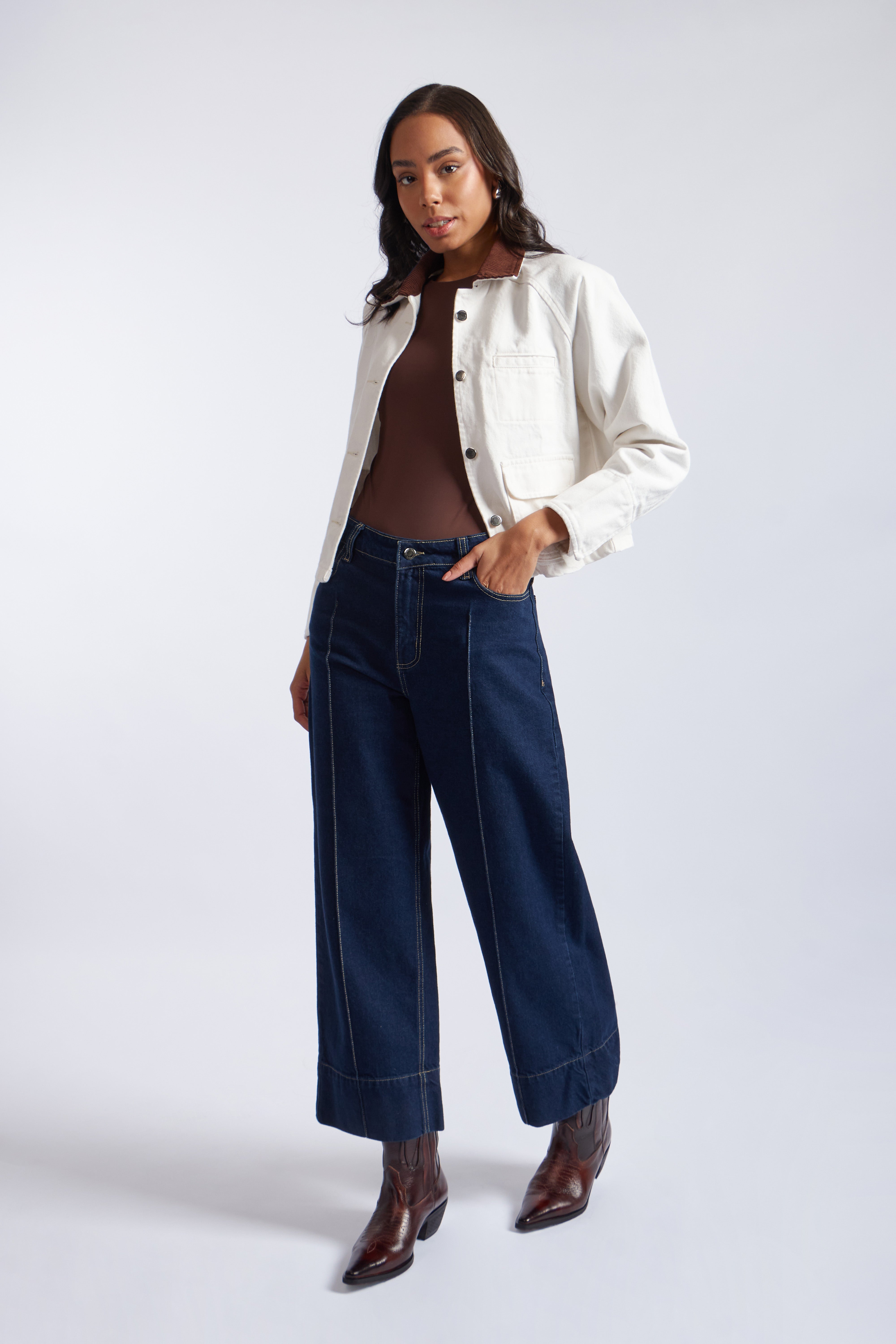 Casaca Denim Cuello Corduroy - Ecru