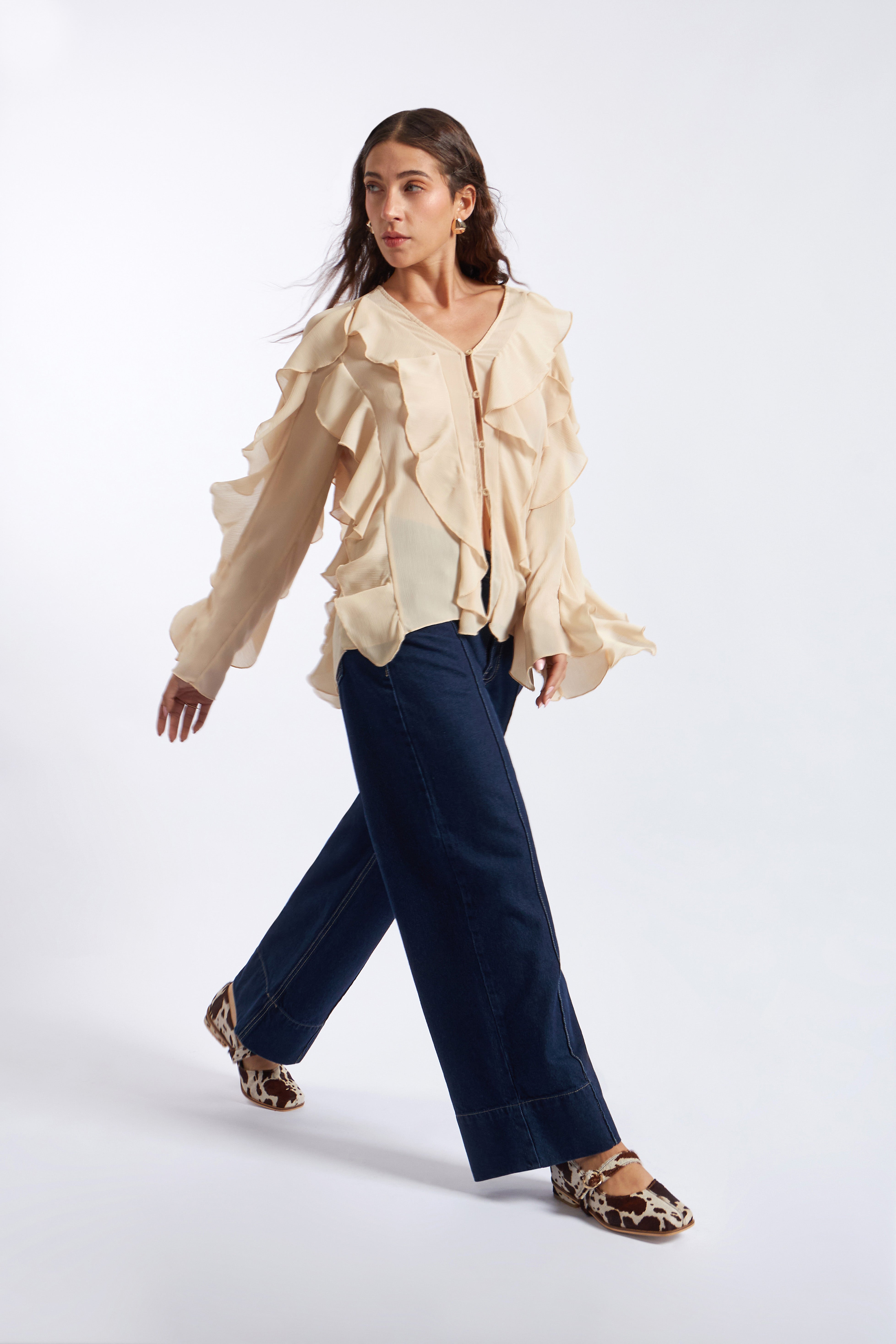 Blusa Manga Larga Volantes - Beige Claro