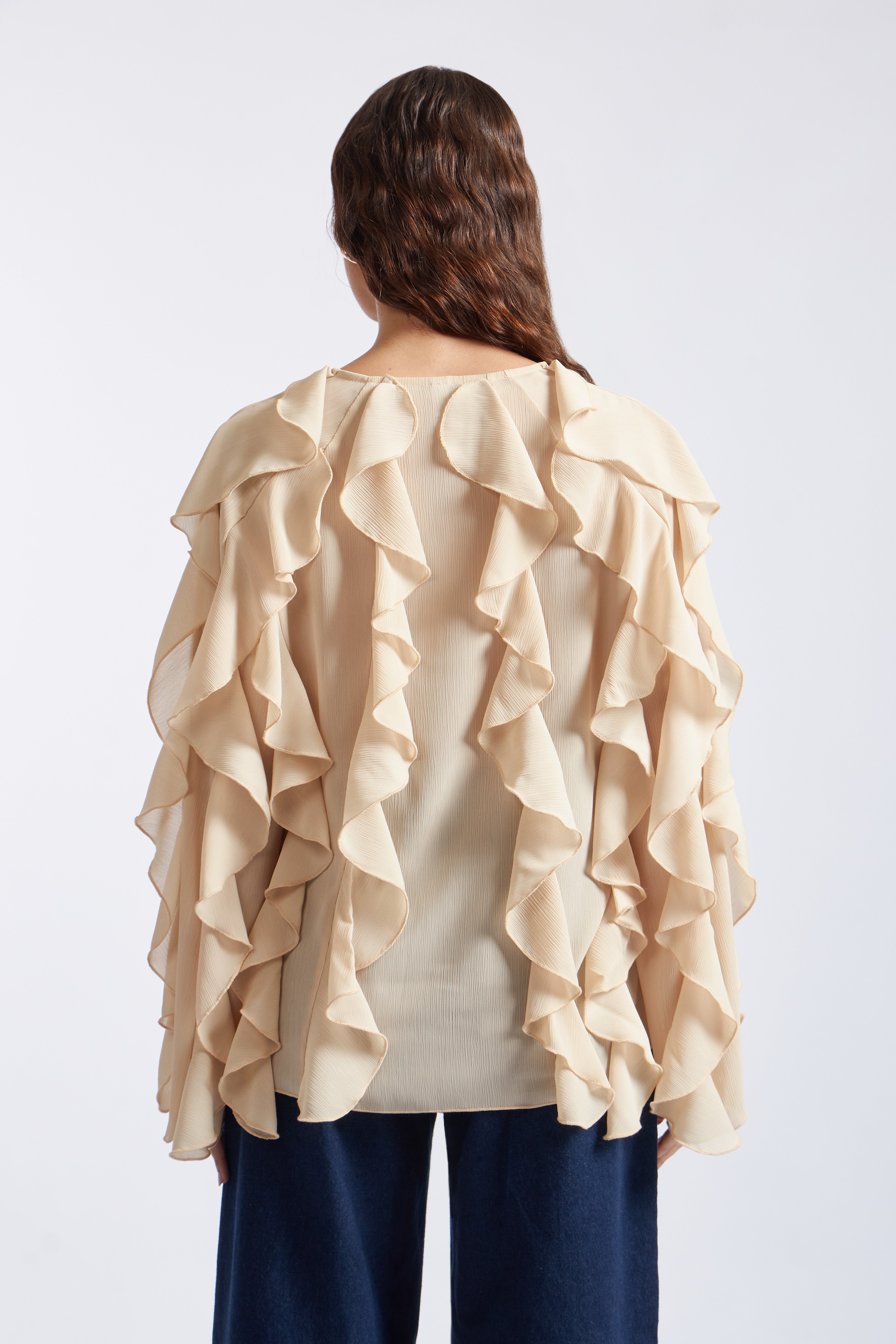 Blusa Manga Larga Volantes - Beige Claro