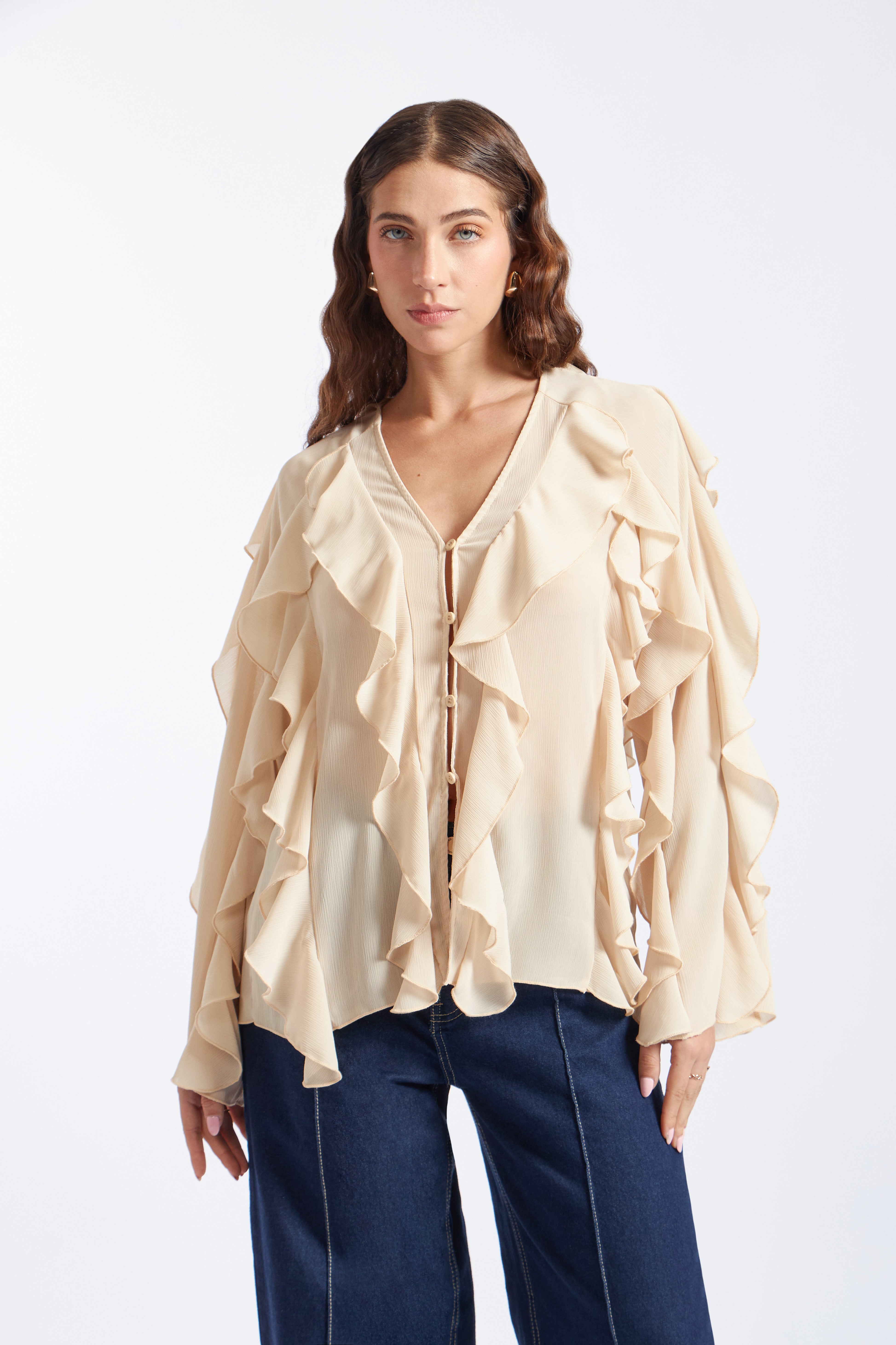 Blusa Manga Larga Volantes - Beige Claro