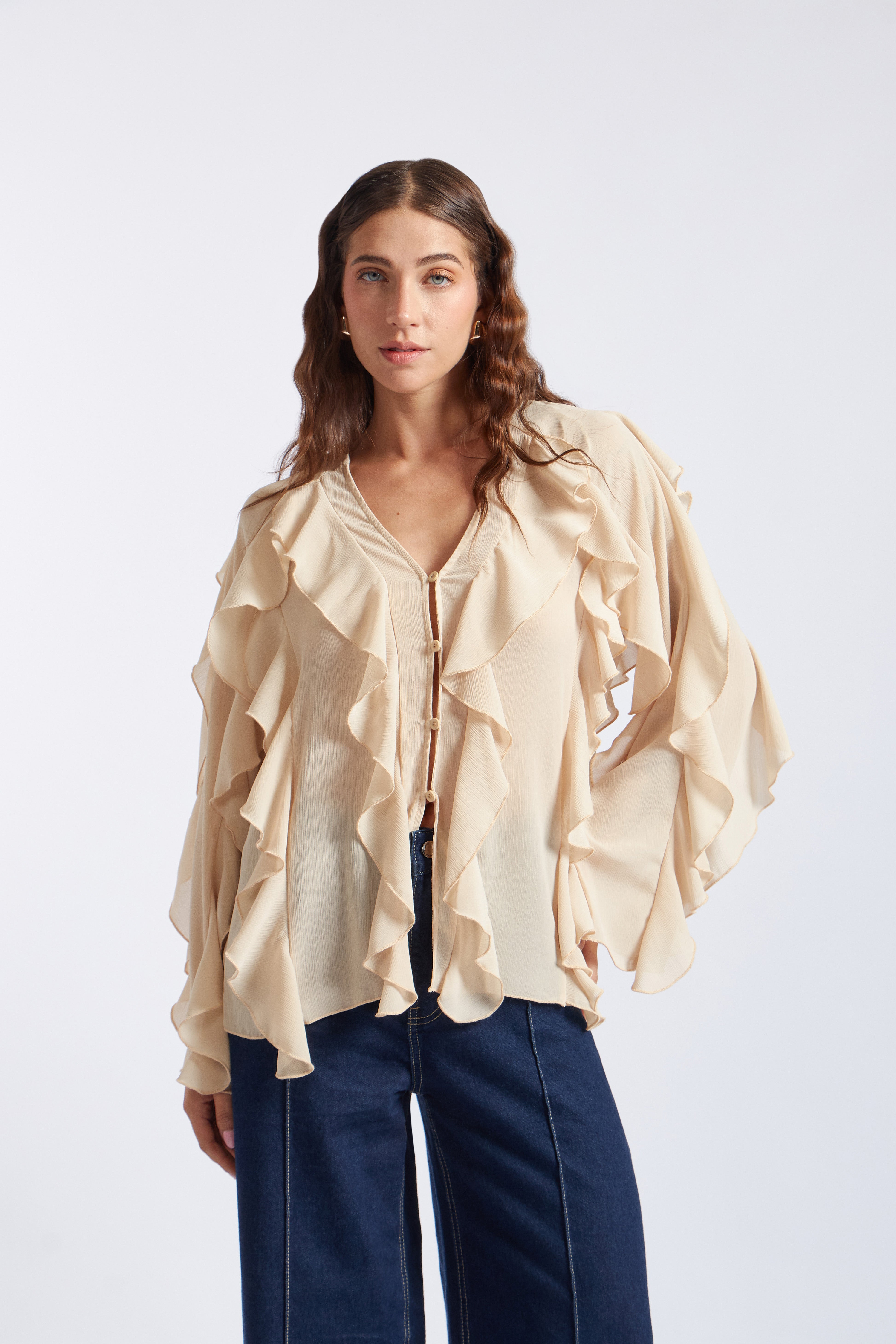 Blusa Manga Larga Volantes - Beige Claro