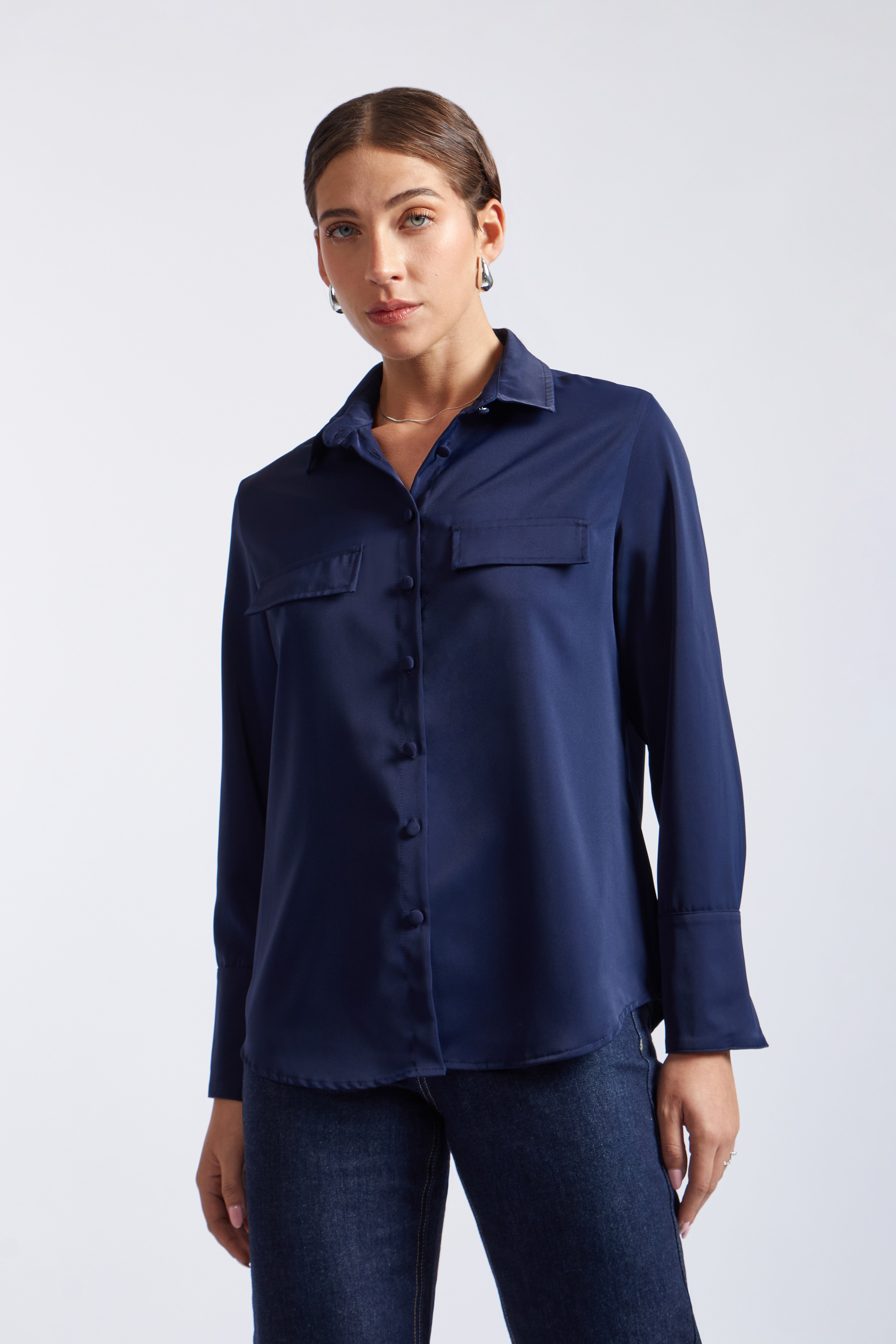Camisa Satin Bolsillos - Azul Navy