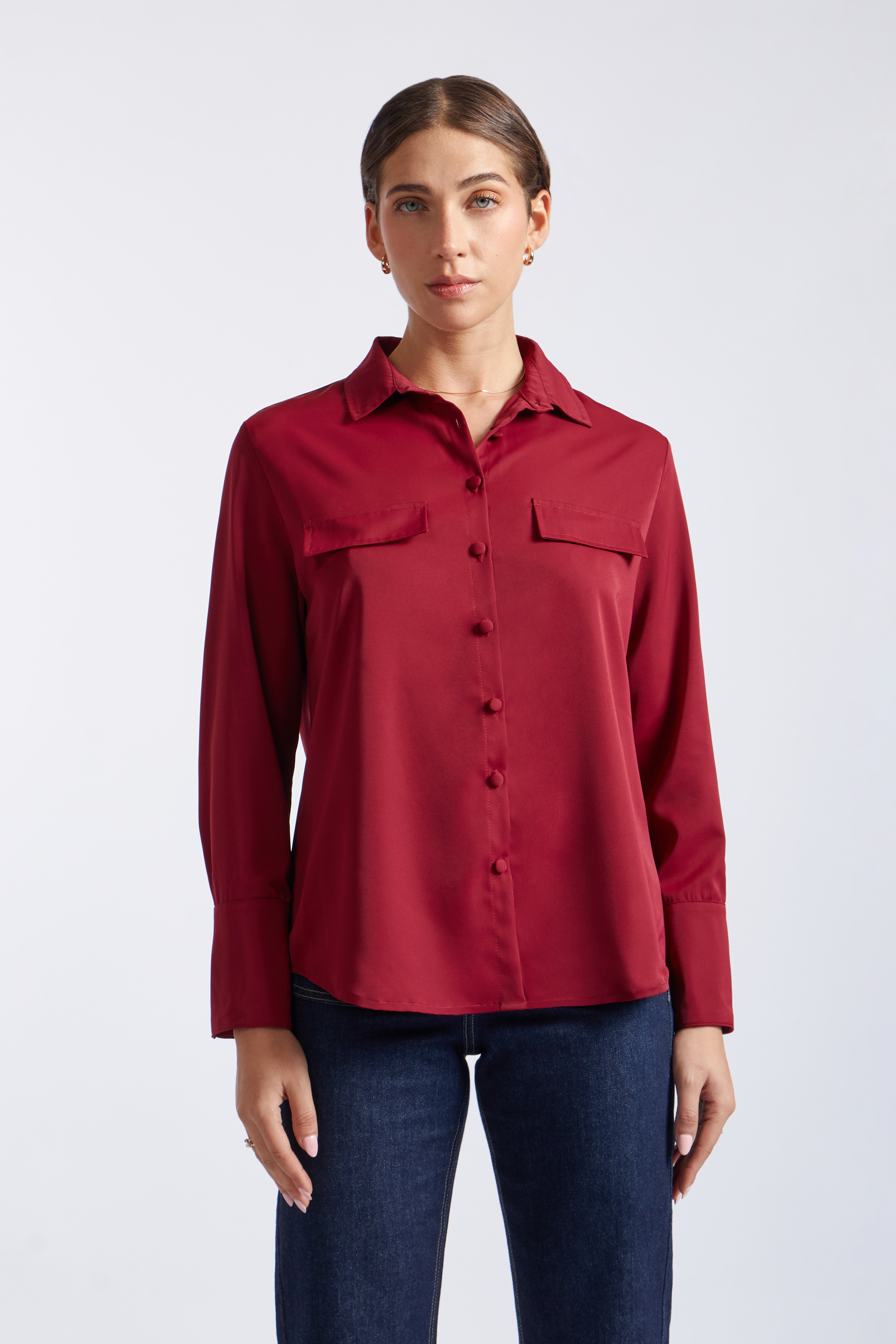 Camisa Satin Bolsillos - Vino