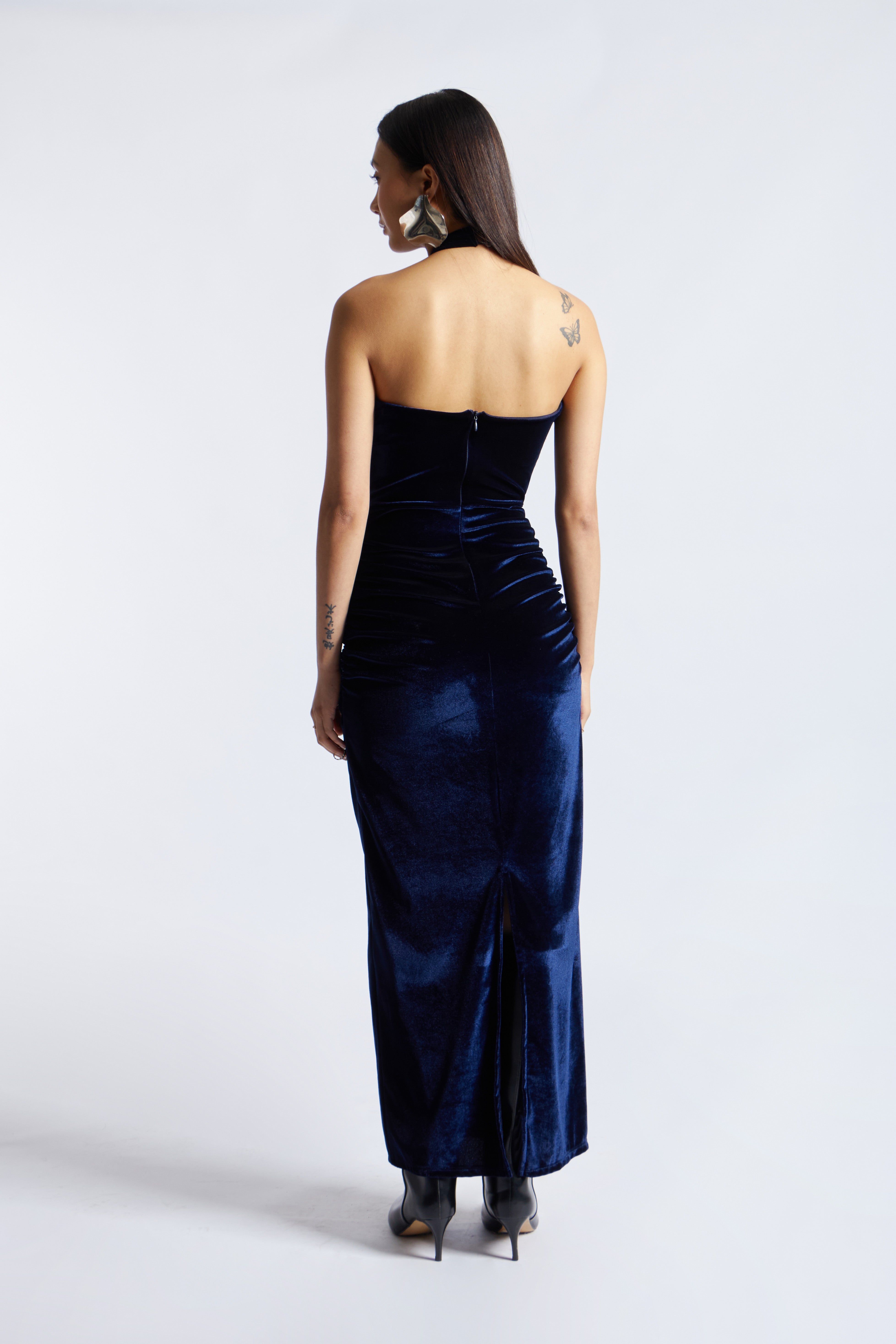 Vestido Velvet Halter Cruzado - Azul