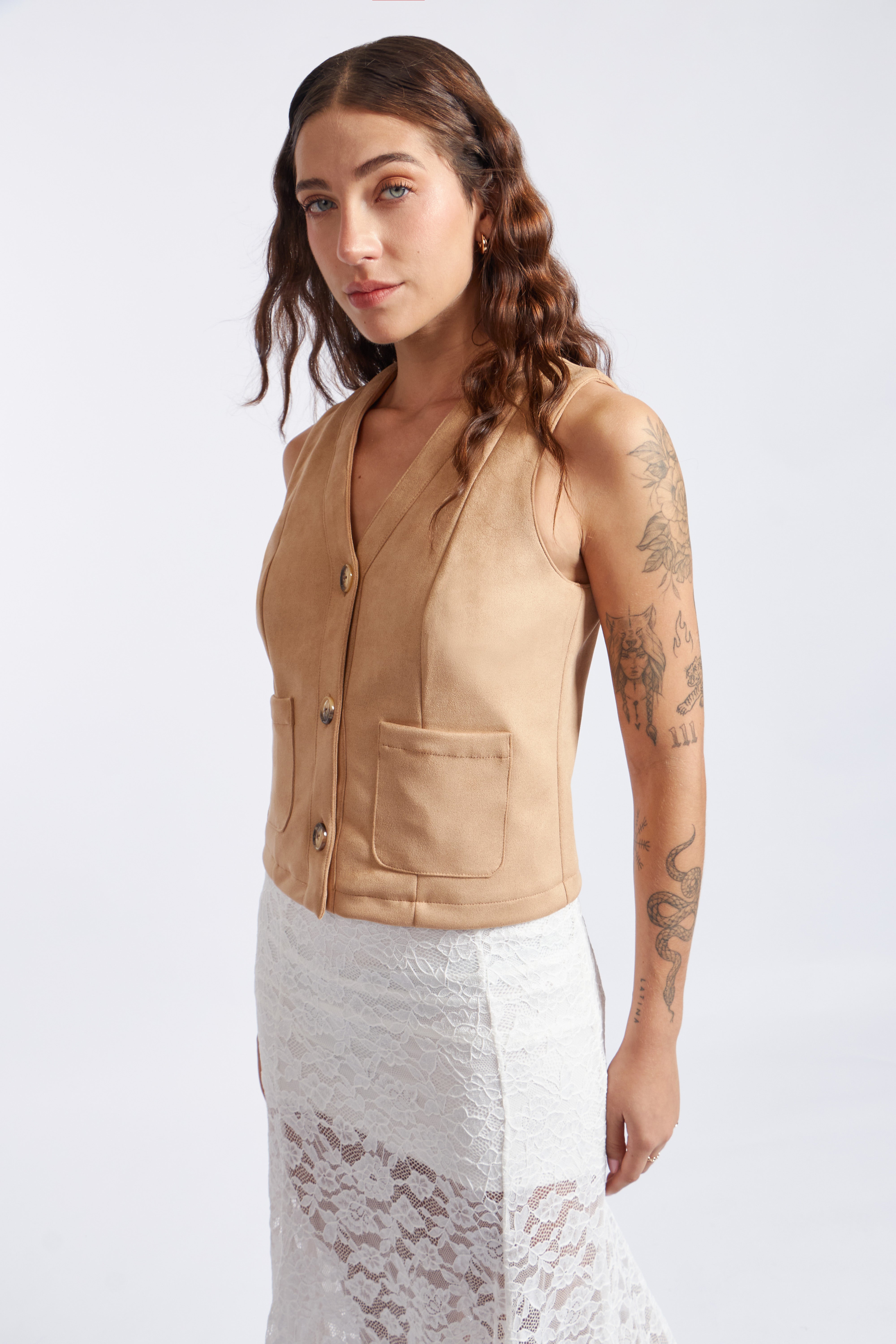 Chaleco Suede Bolsillos - Beige