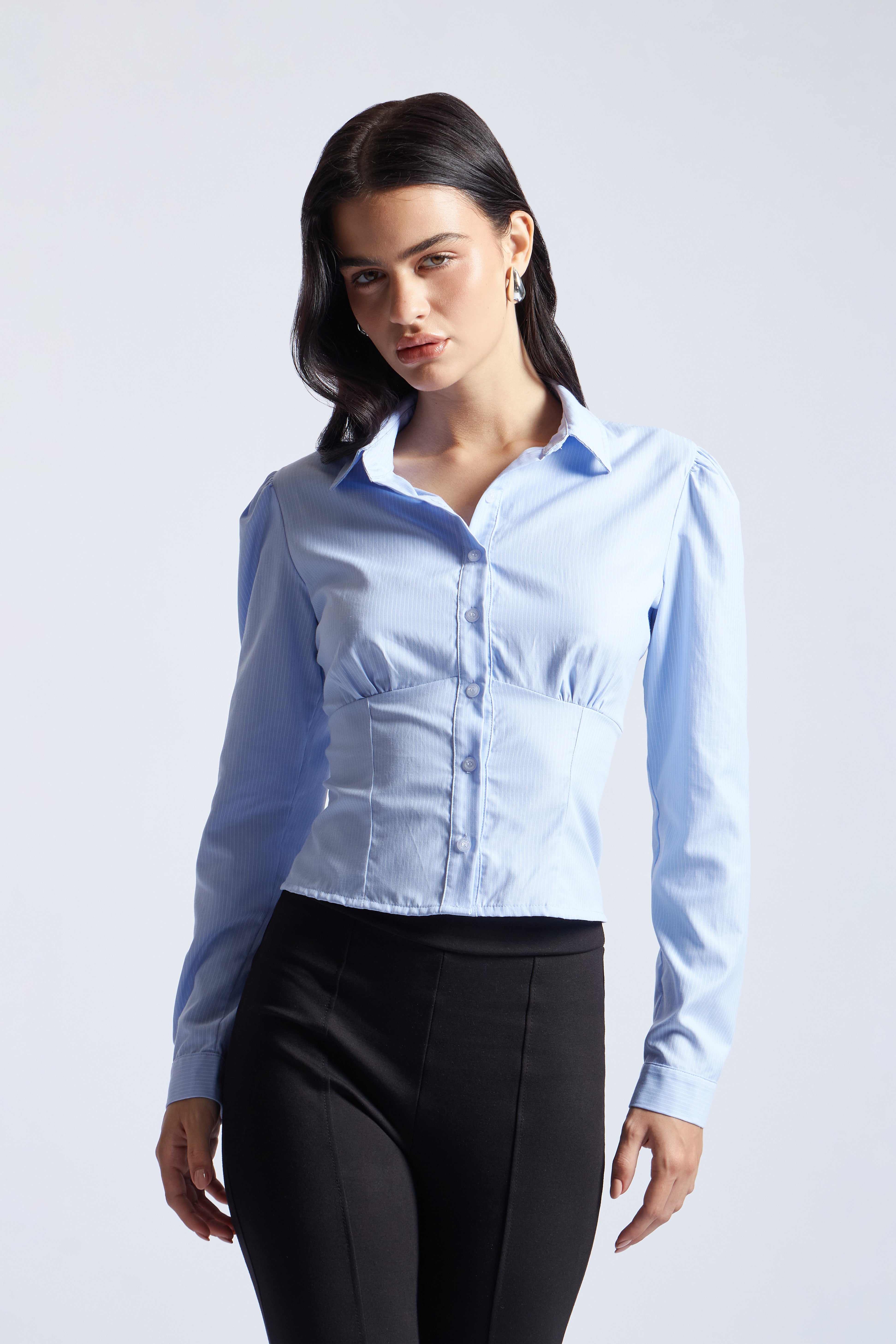 Blusa Manga Larga Corset - Celeste con Blanco