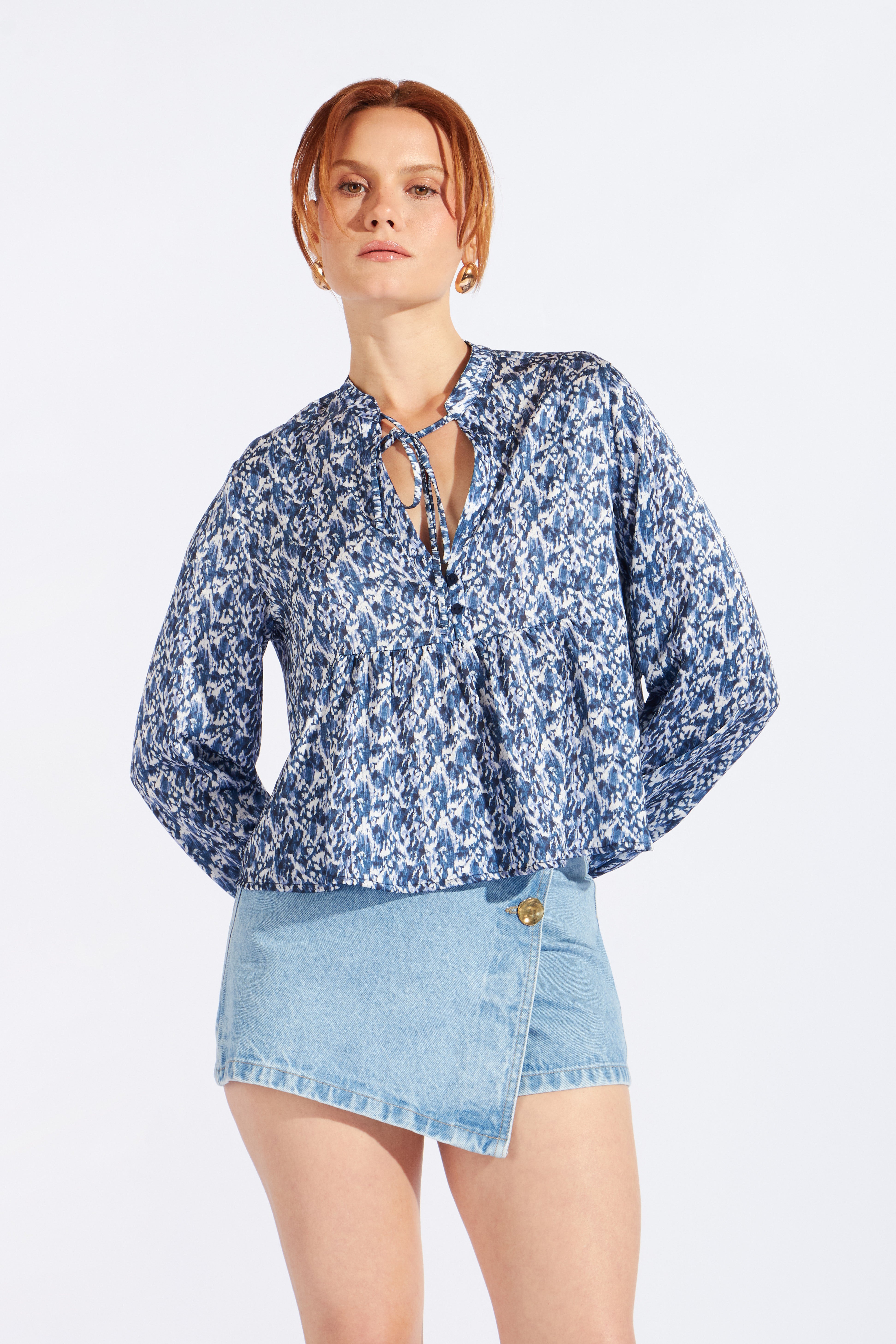 Blusa Fluida Boho Estampada - Azul