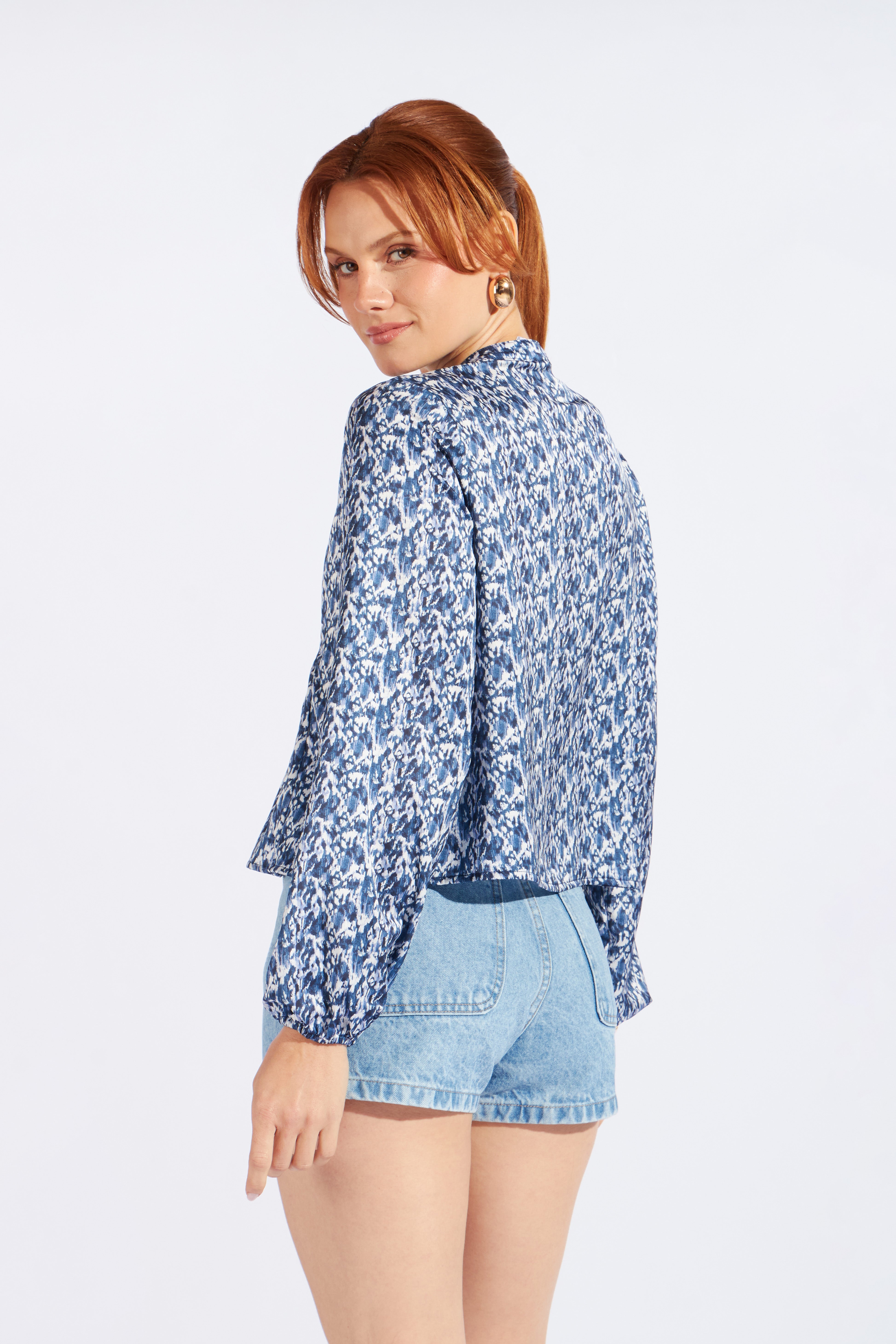 Blusa Fluida Boho Estampada - Azul