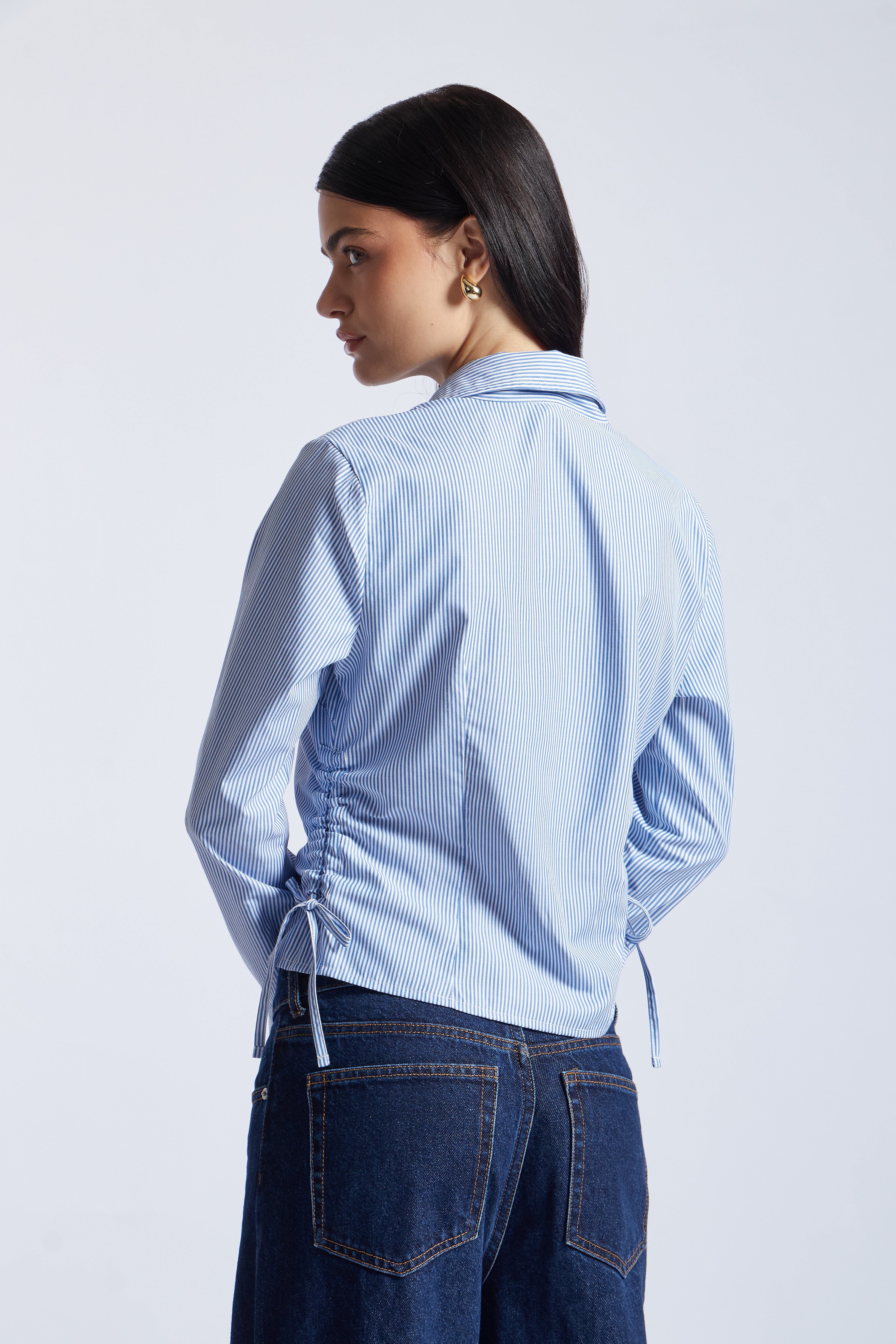 Blusa Manga Larga Frunces - Rayas Celeste