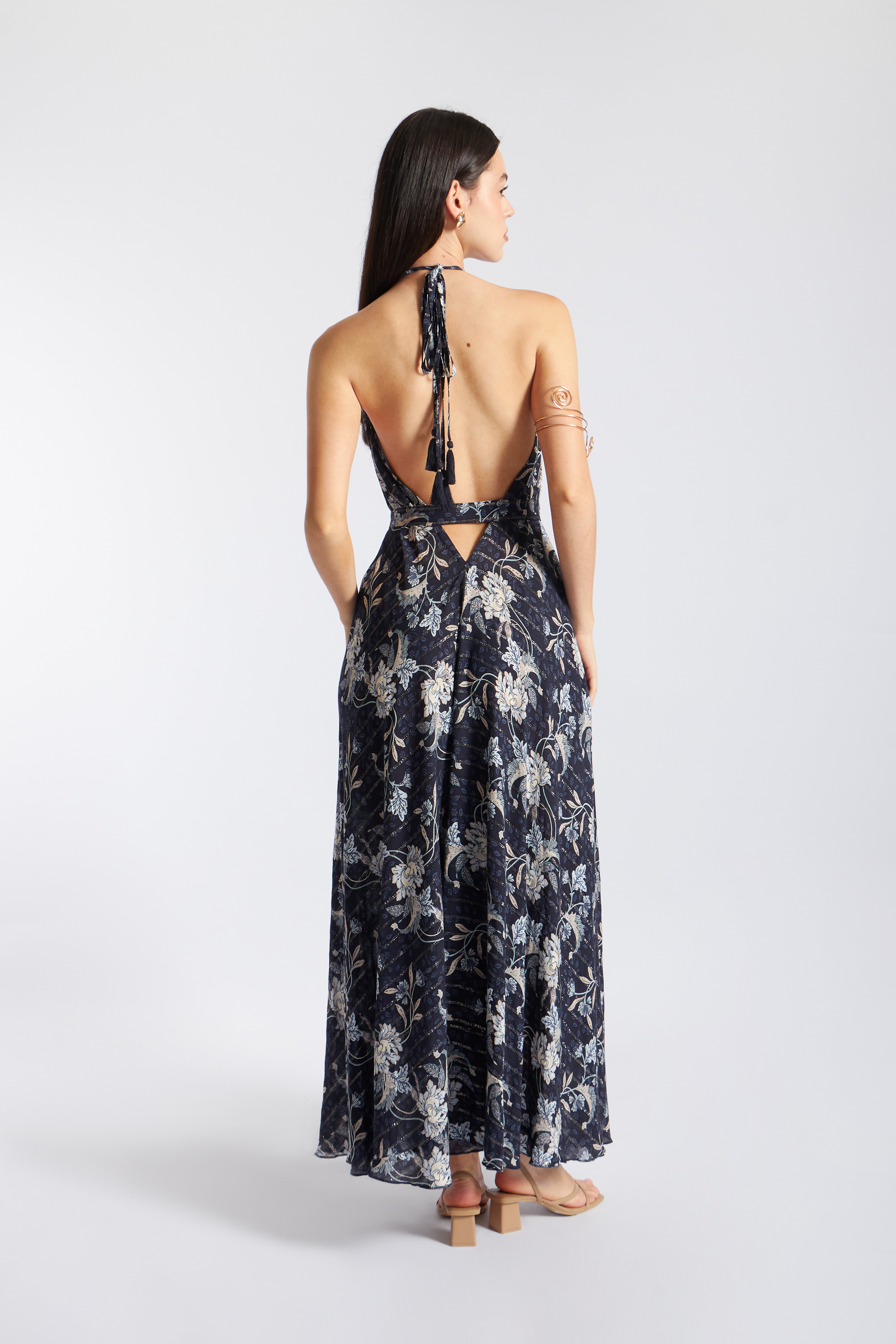 Vestido Fluido Halter Escote - Azul