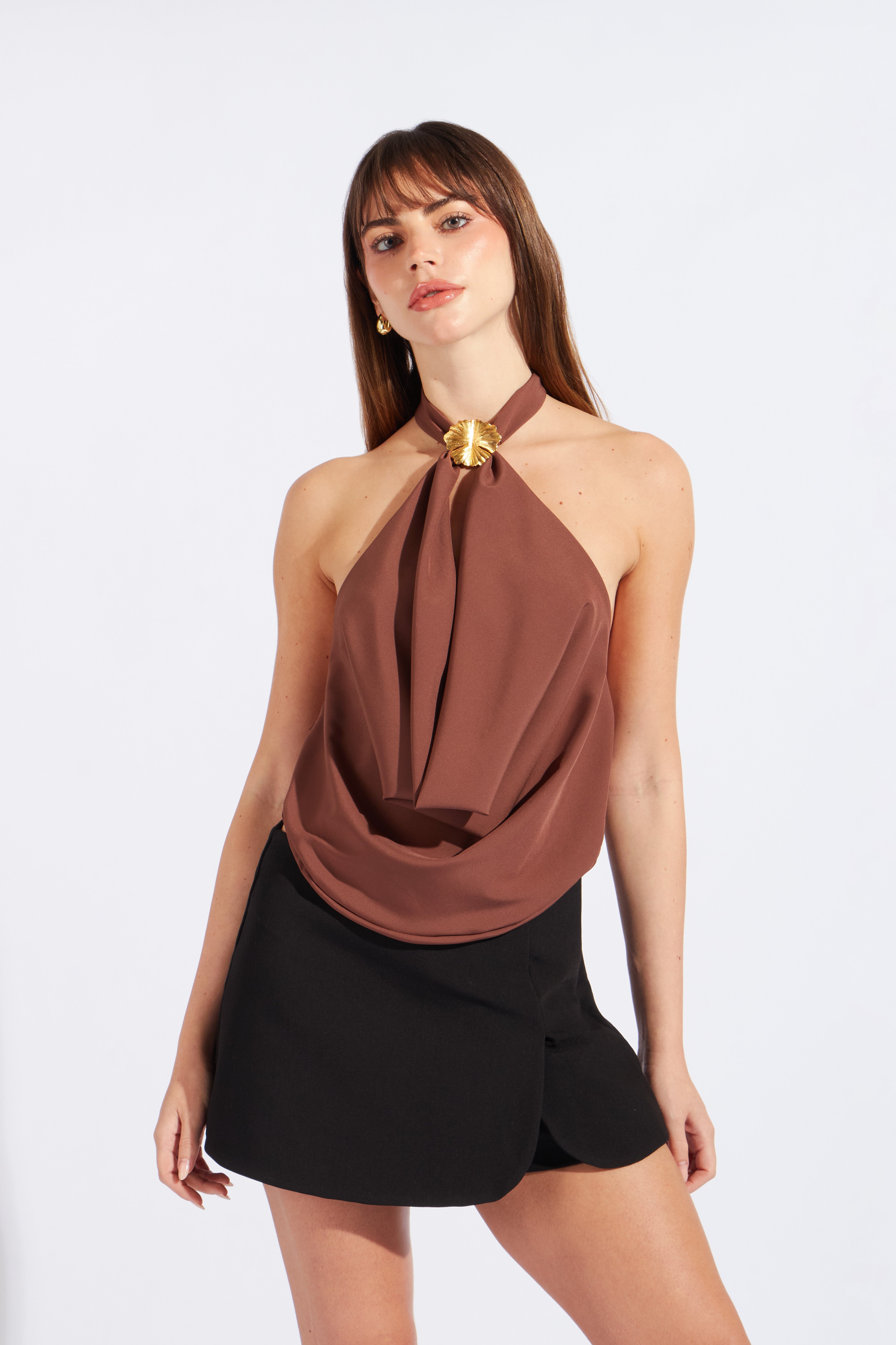 Top Drapeado Regulable con Adorno - Marrón