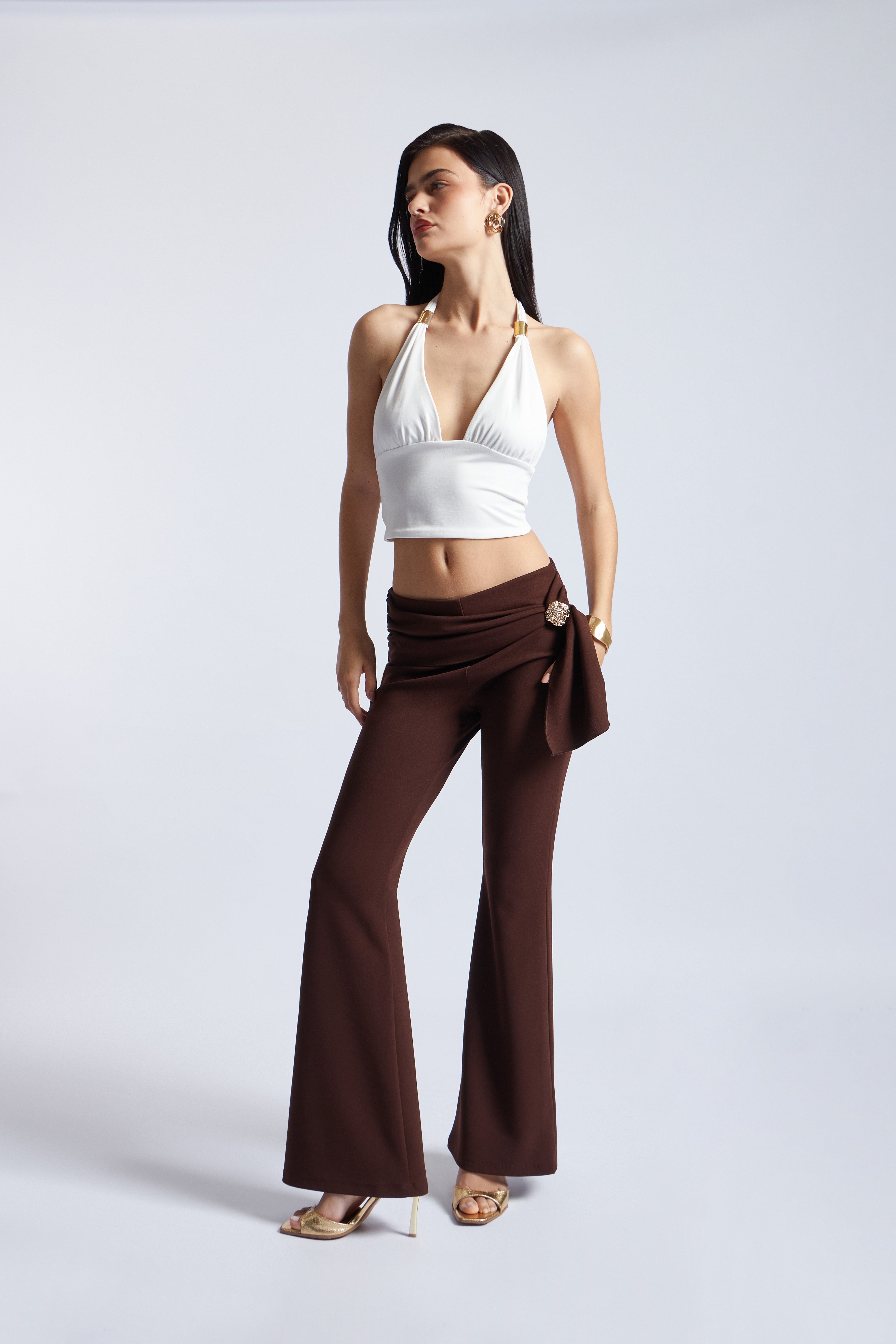 Pantalón Flare con Broche - Marrón