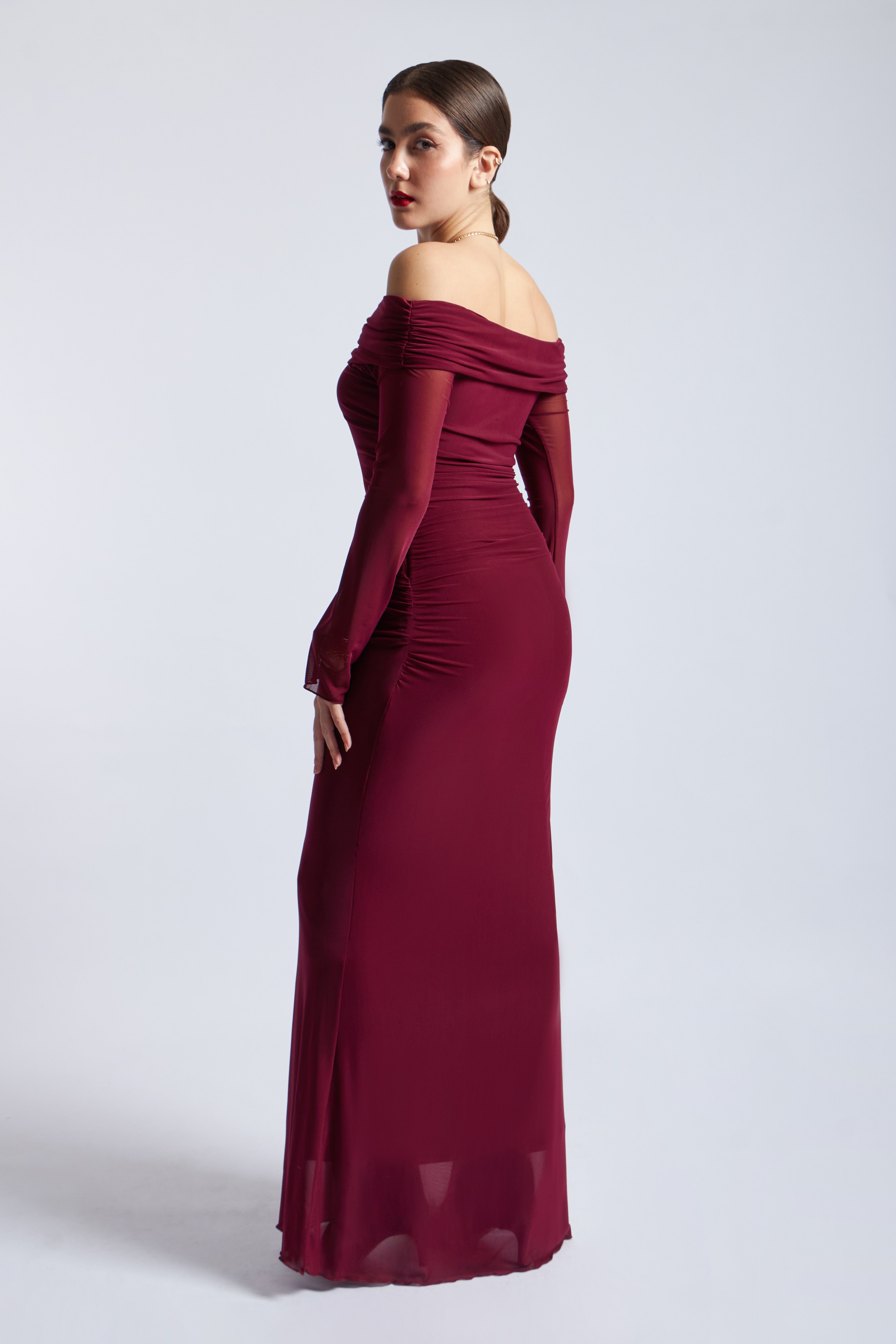 Maxi Vestido Off Shoulder Tulle - Borgoña