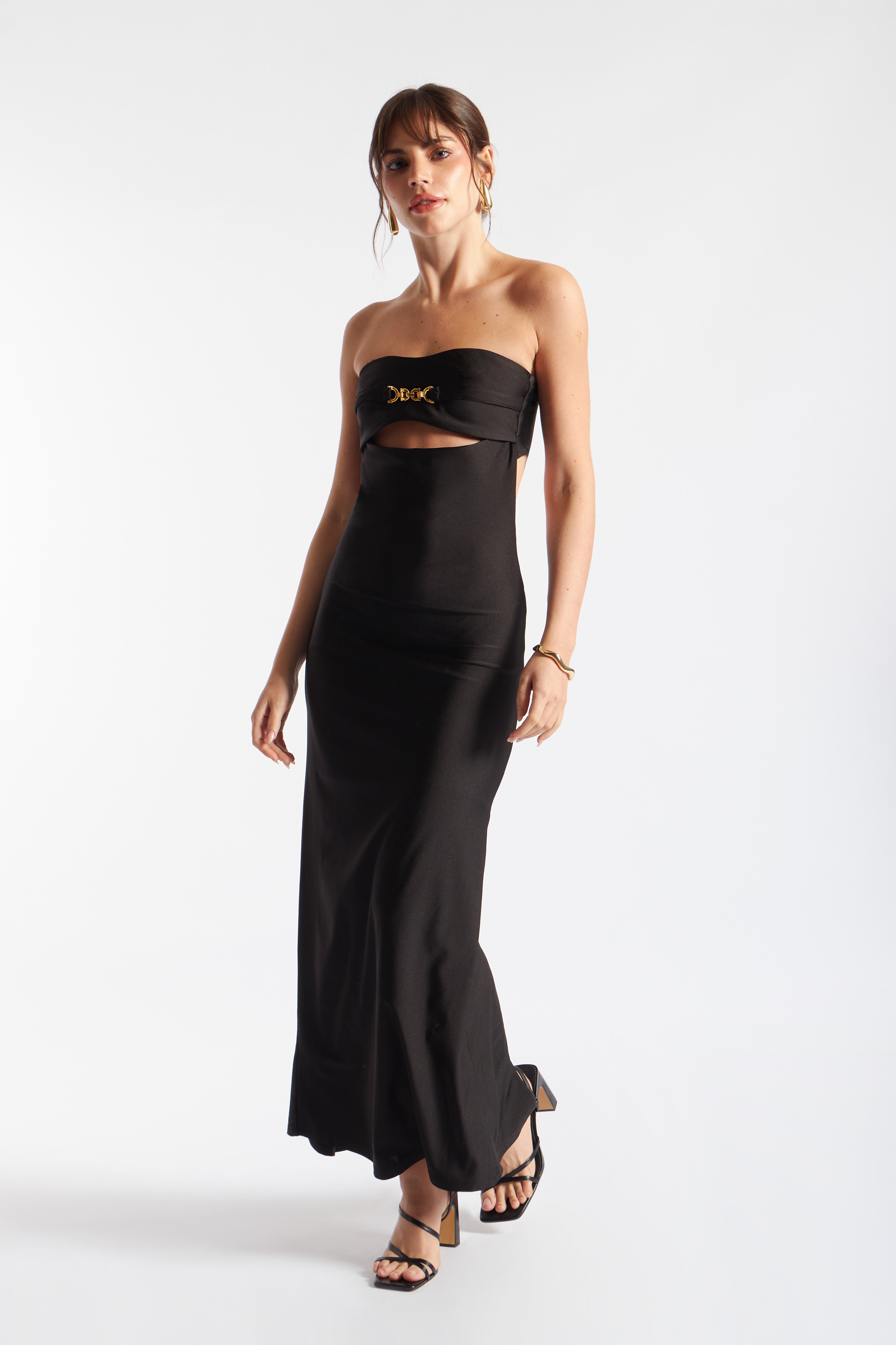 Vestido Strapless Cut Out Broche - Negro