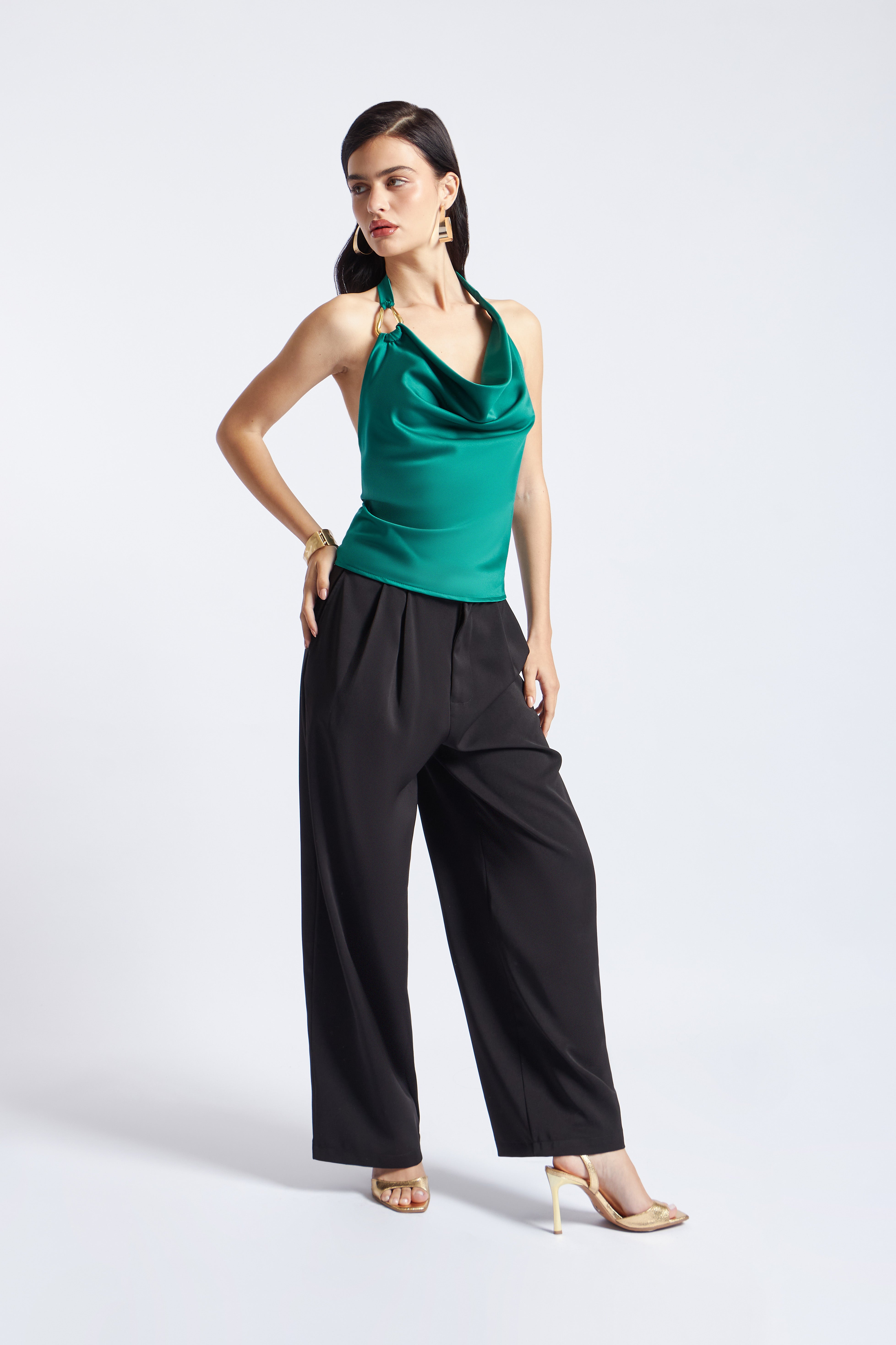 Top Halter Drapeado con Broche - Verde Botella