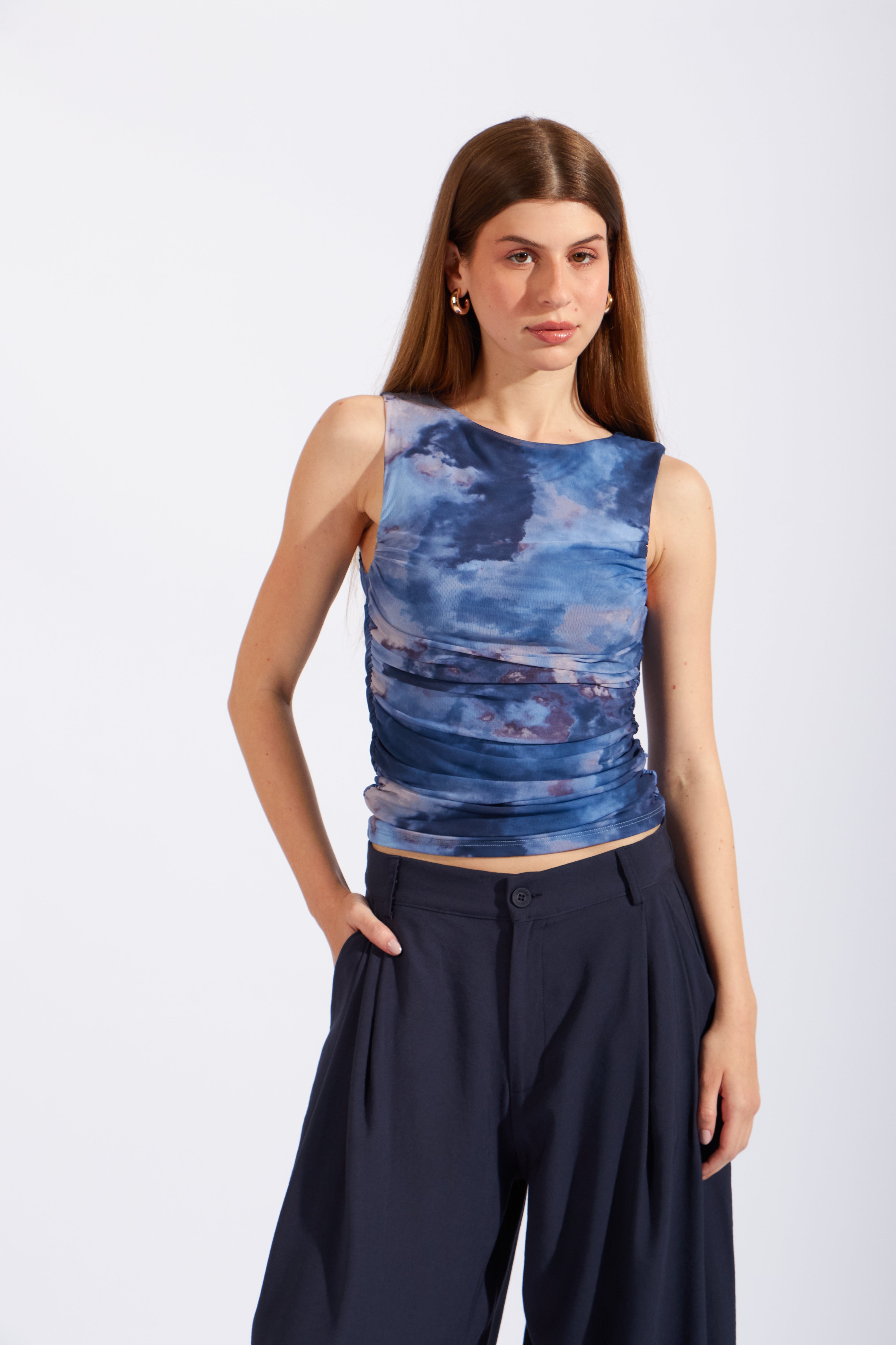 Top Tulle Drapeado - Azul