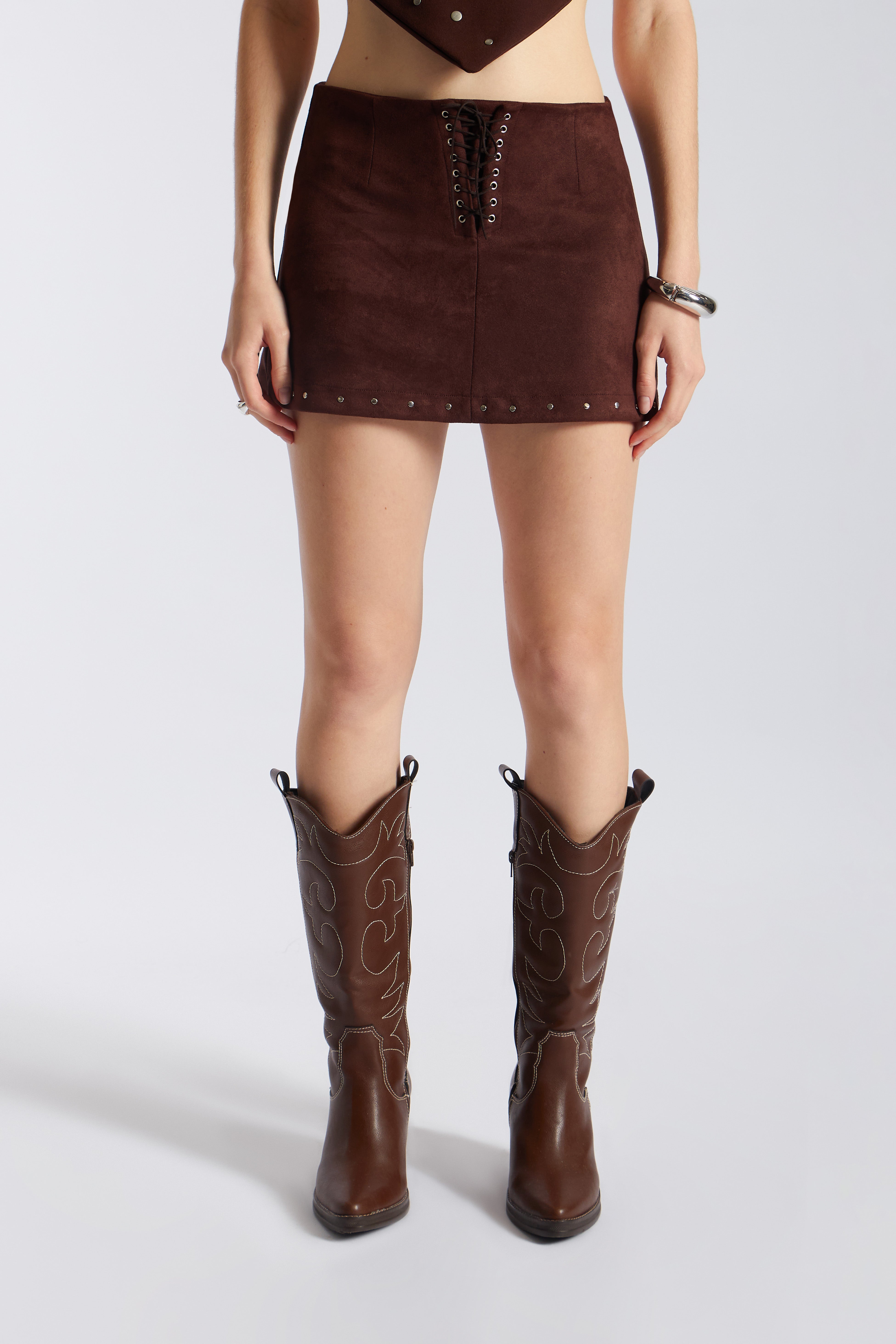 Falda Cordones con Apliques - Marrón
