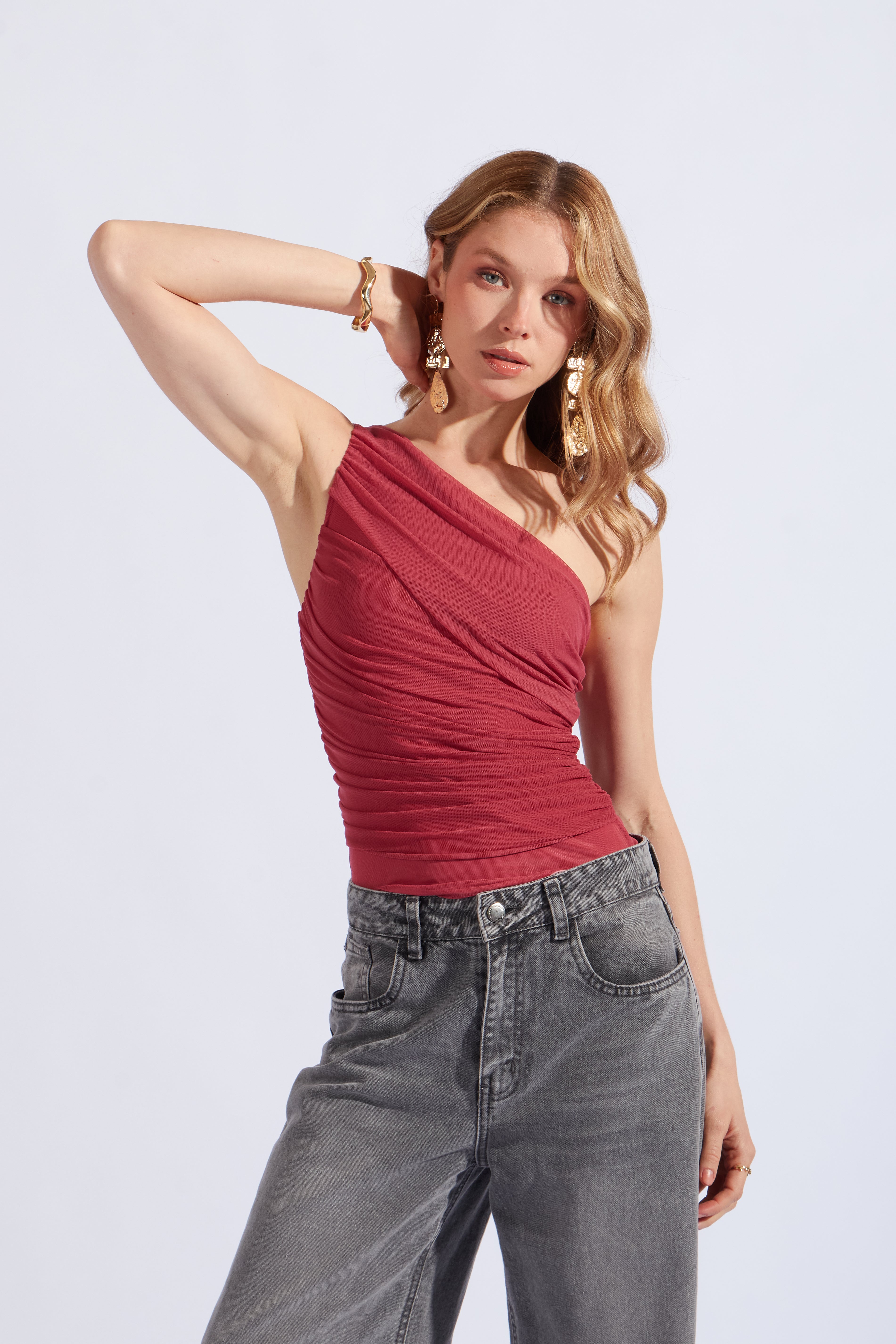 Body One Shoulder Drapeado - Frambuesa