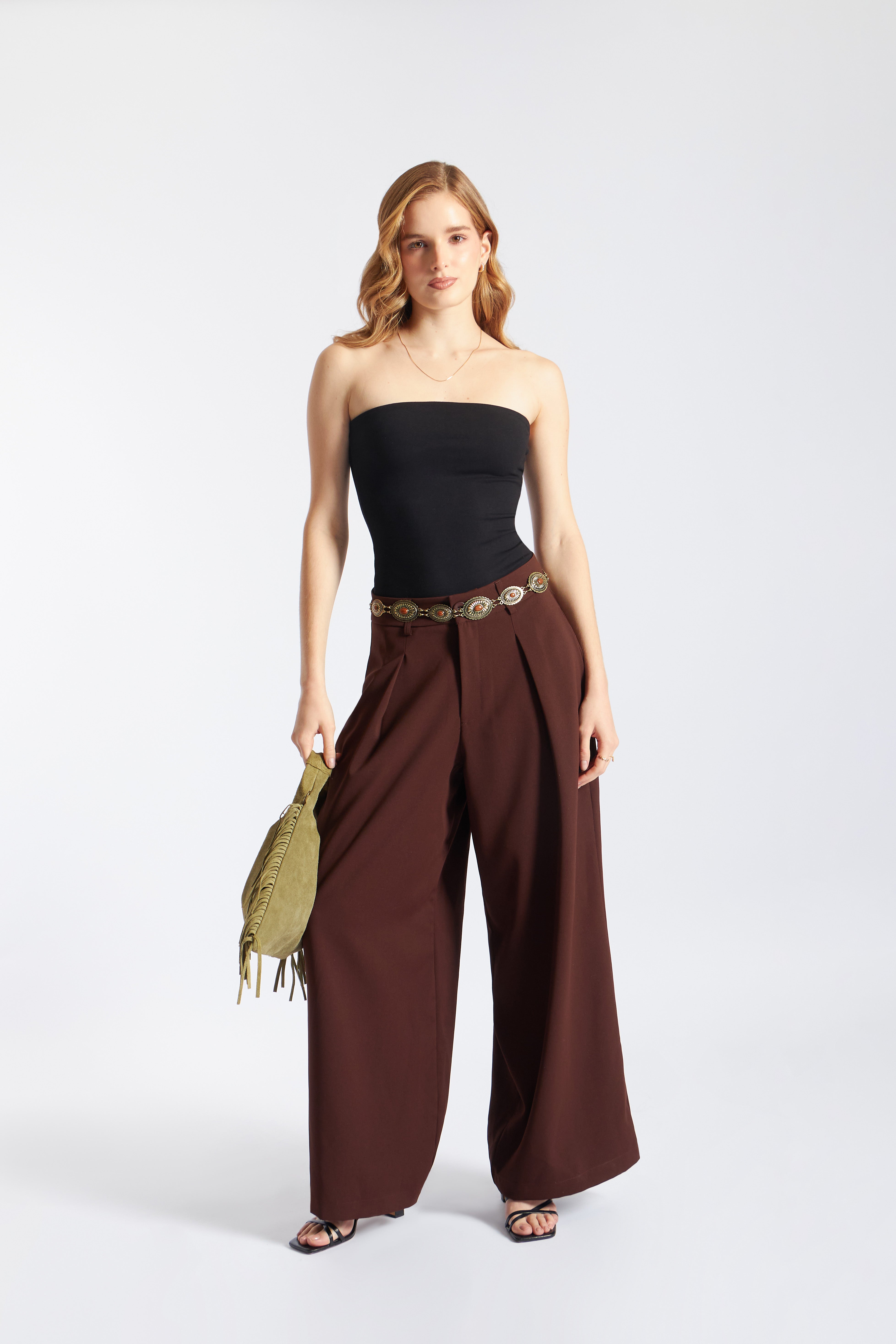 Pantalón Tailored Ancho Pliegues - Marrón