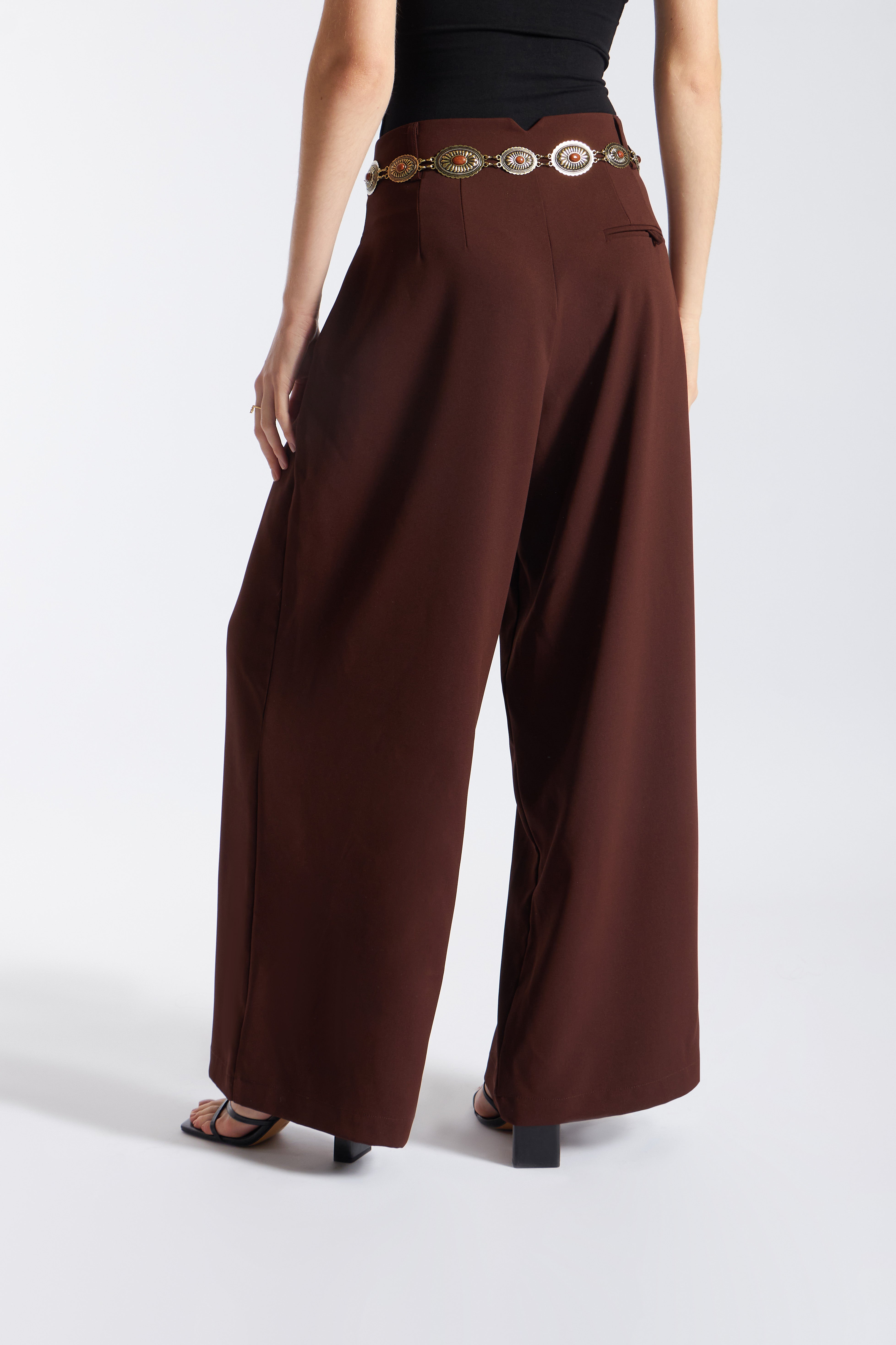 Pantalón Tailored Ancho Pliegues - Marrón