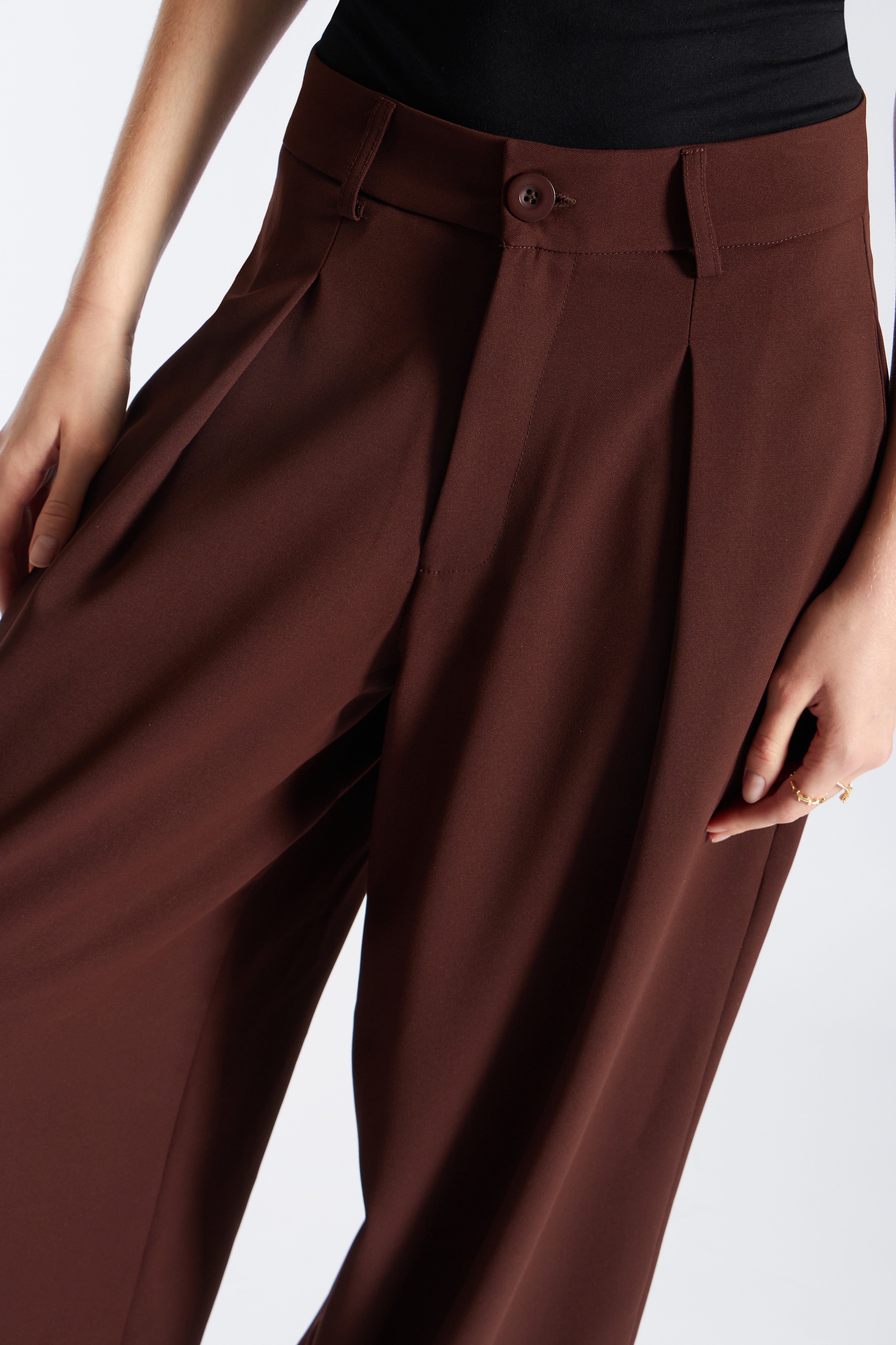 Pantalón Tailored Ancho Pliegues - Marrón