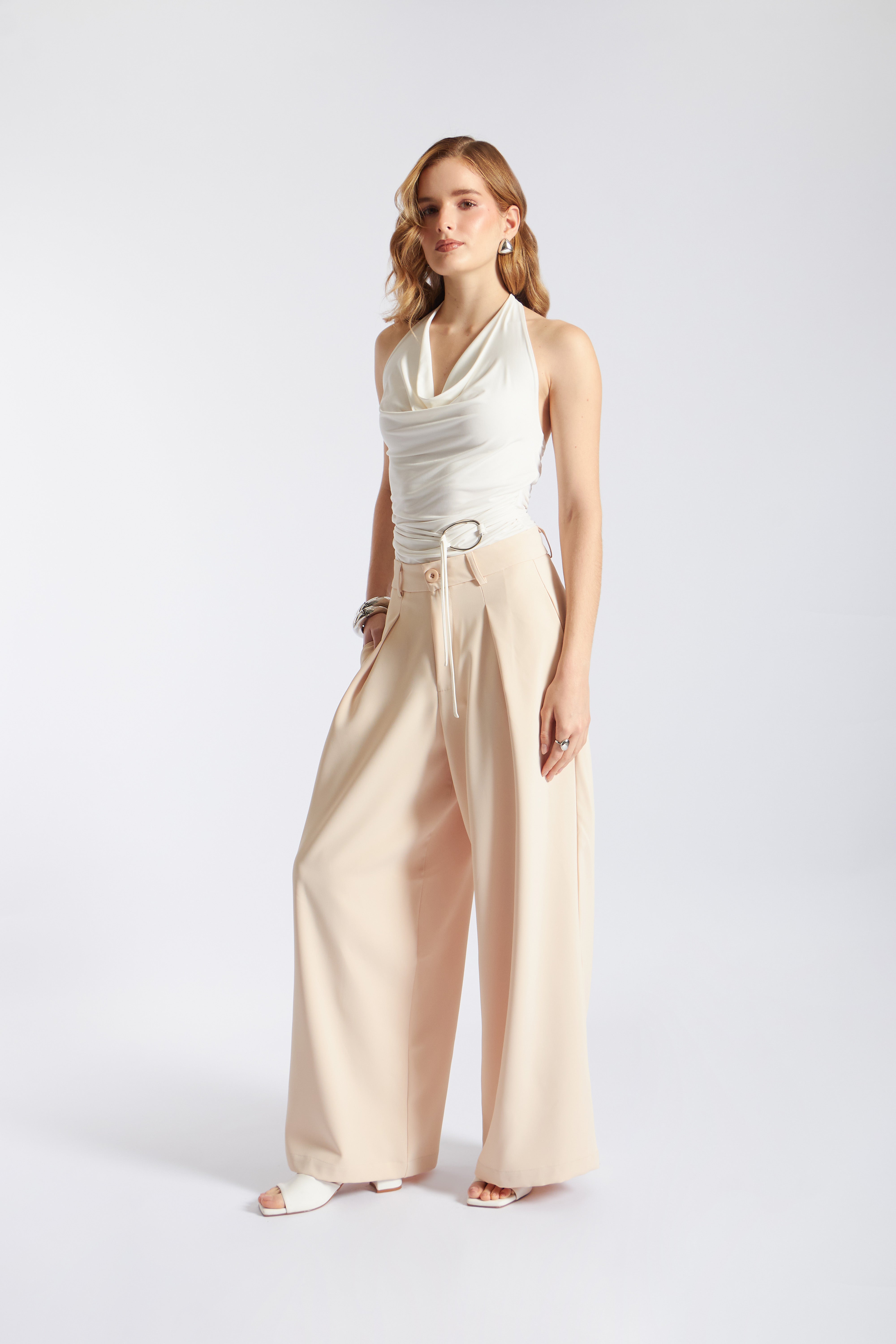 Pantalón Tailored Ancho Pliegues - Hueso