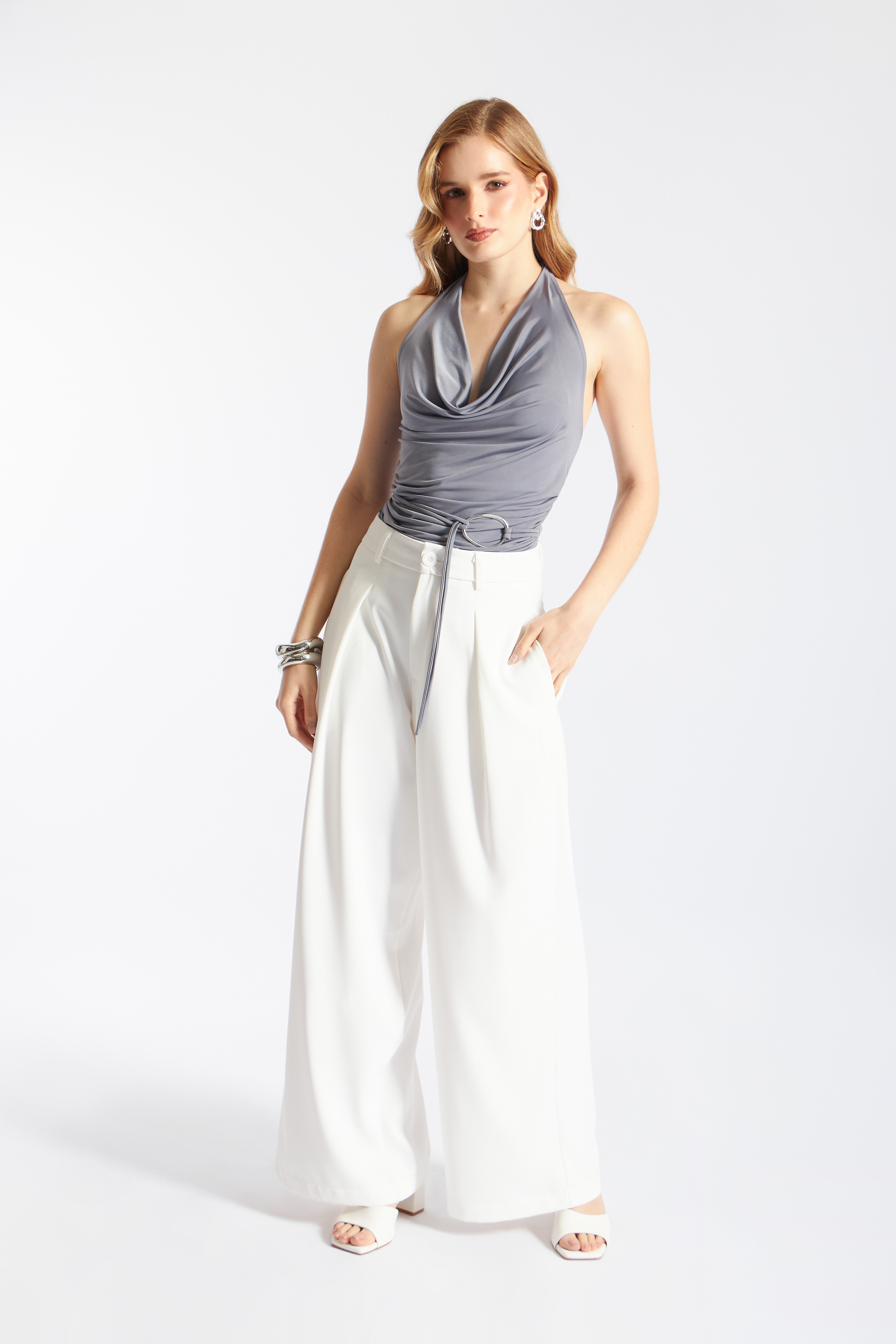 Pantalón Tailored Ancho Pliegues - Perla