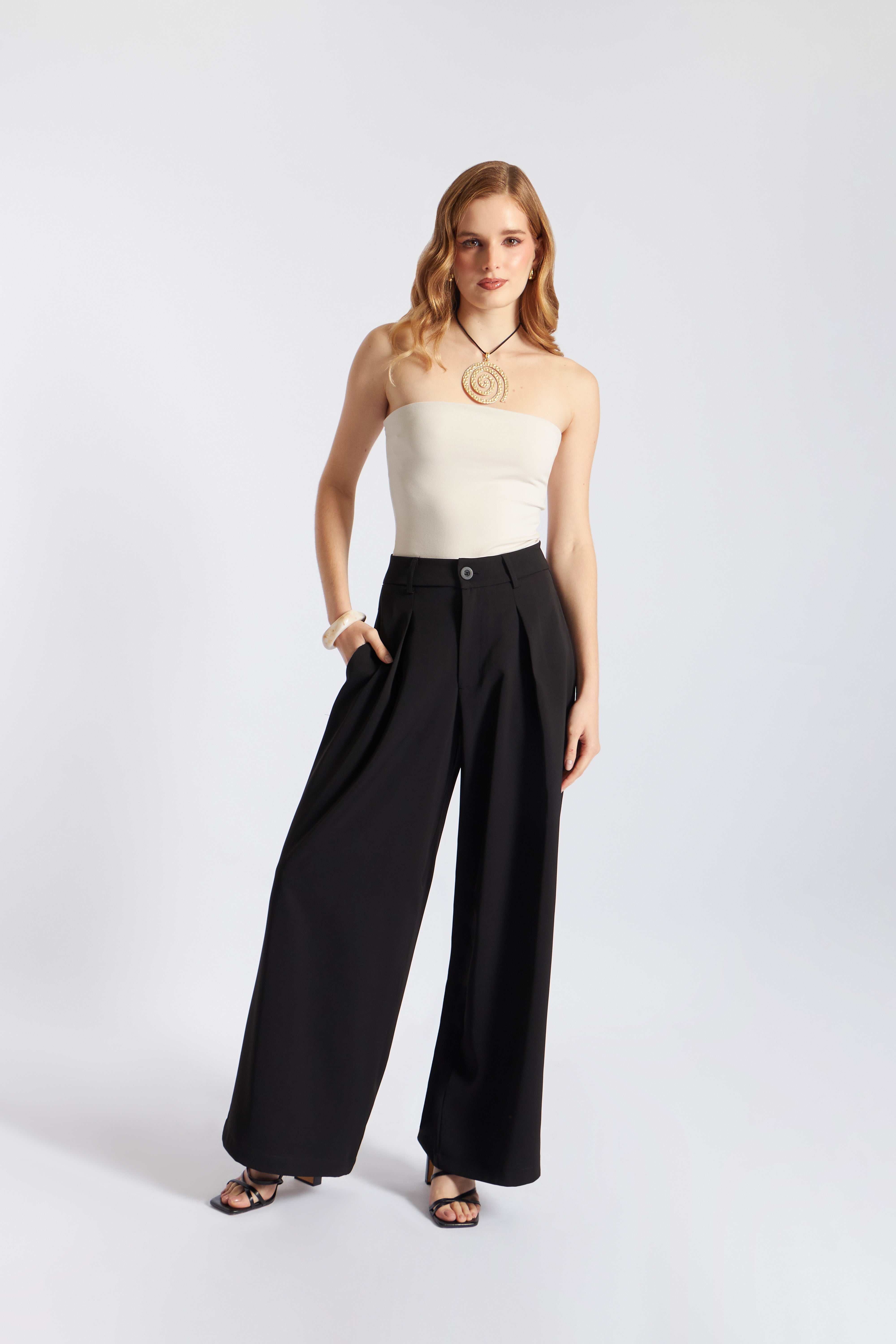Pantalón Tailored Ancho Pliegues - Negro