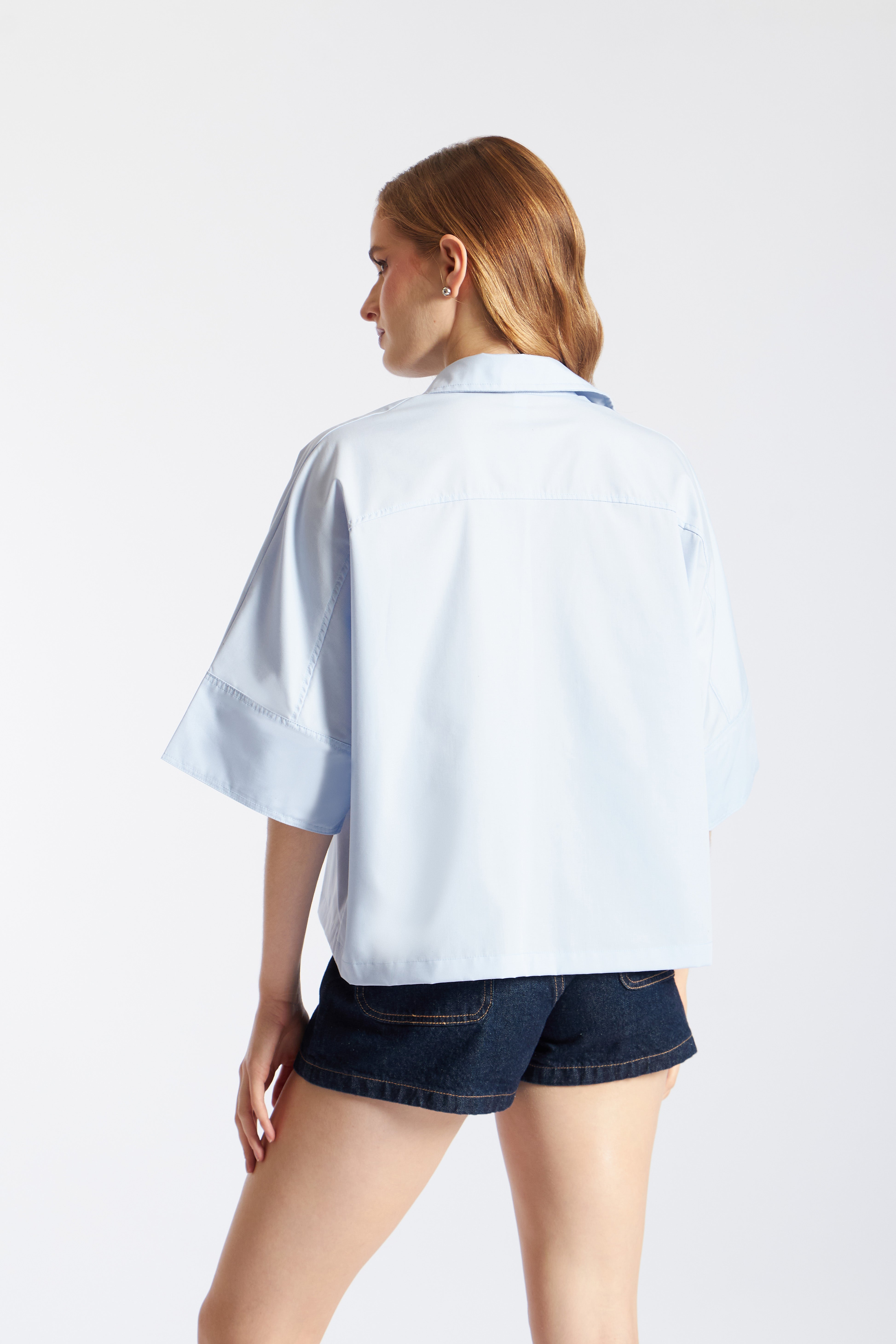 Camisa Popelín Manga Volumen - Celeste