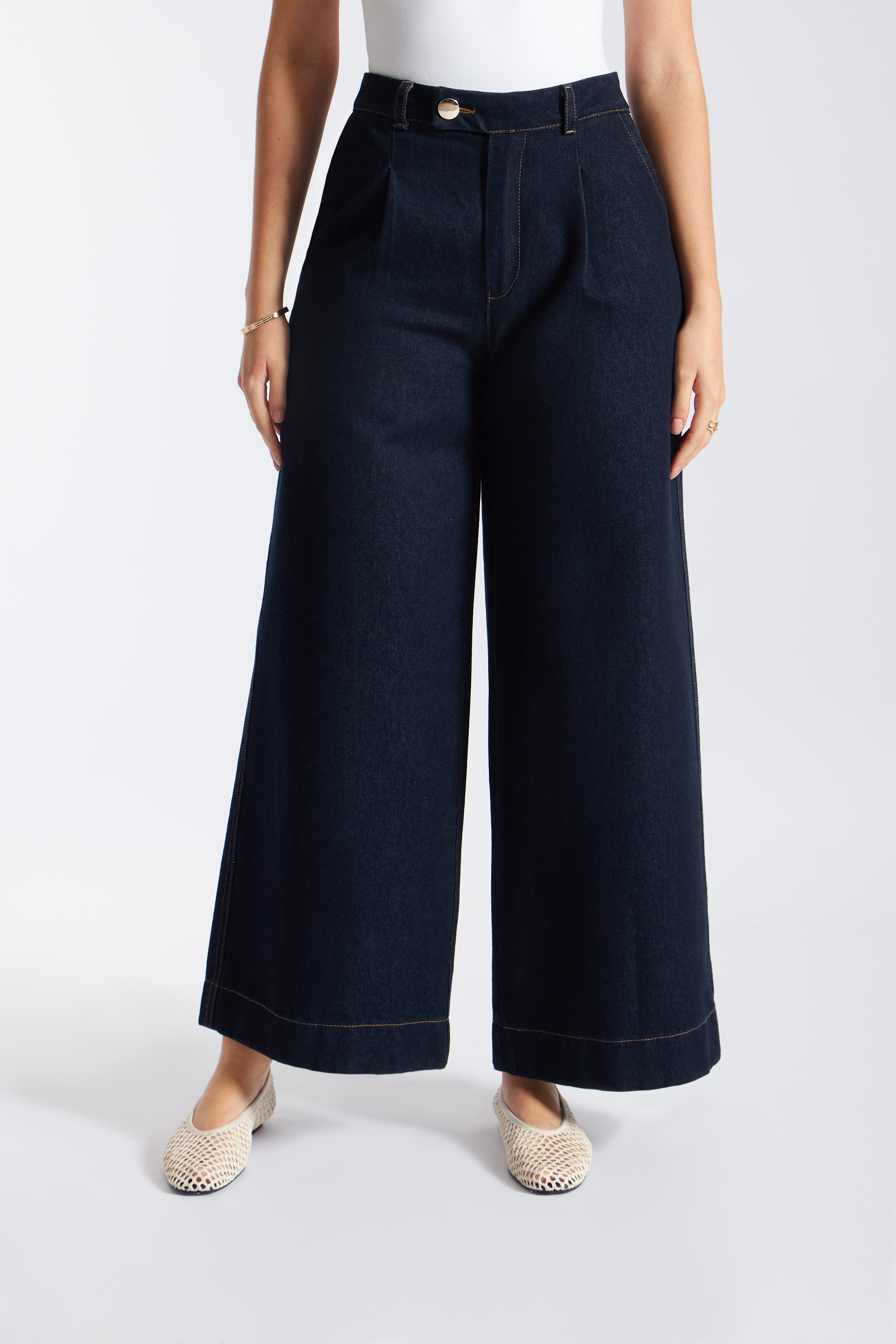 Pantalón Denim Ancho Pinzas - Natural