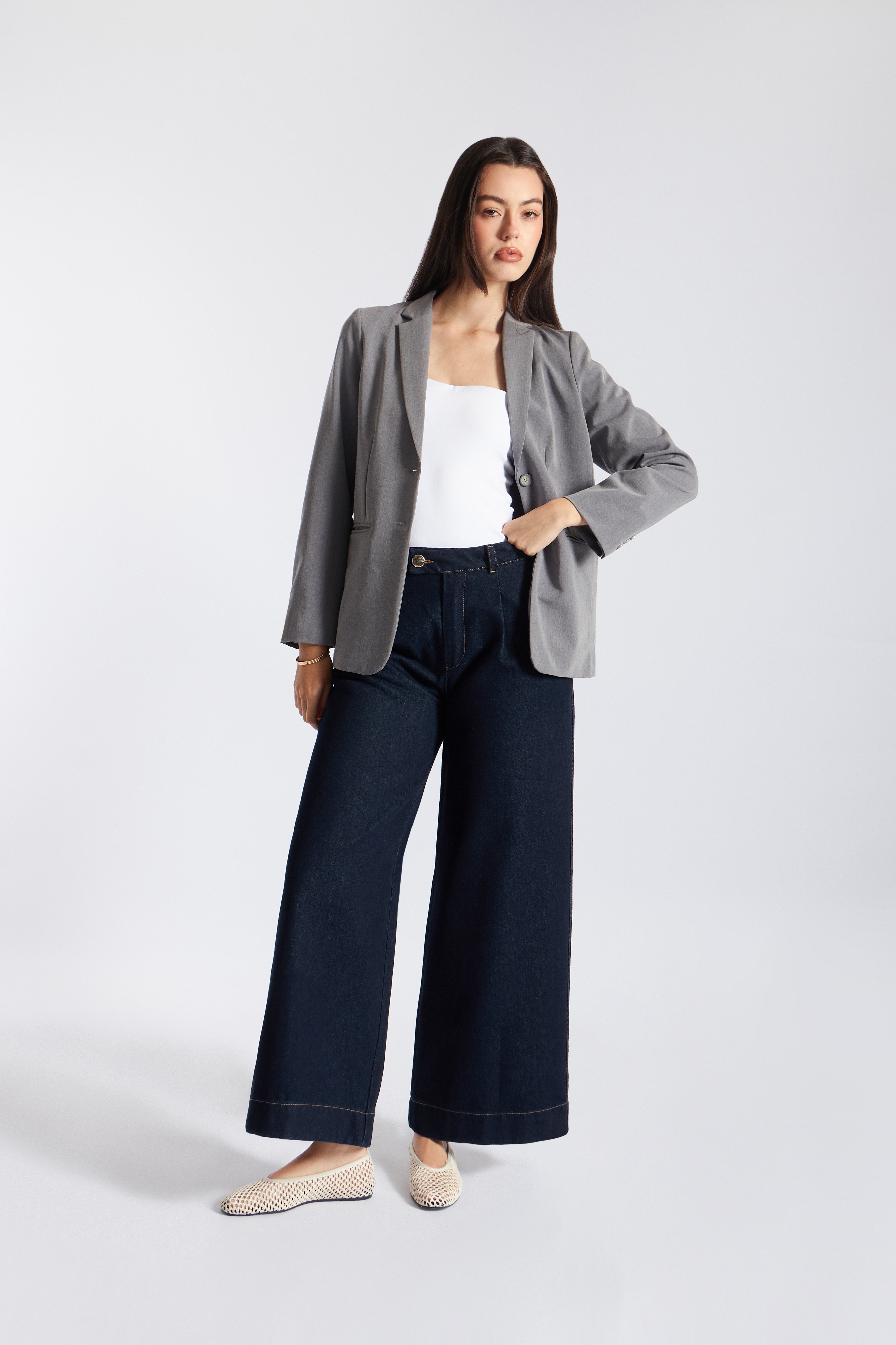 Pantalón Denim Ancho Pinzas - Natural