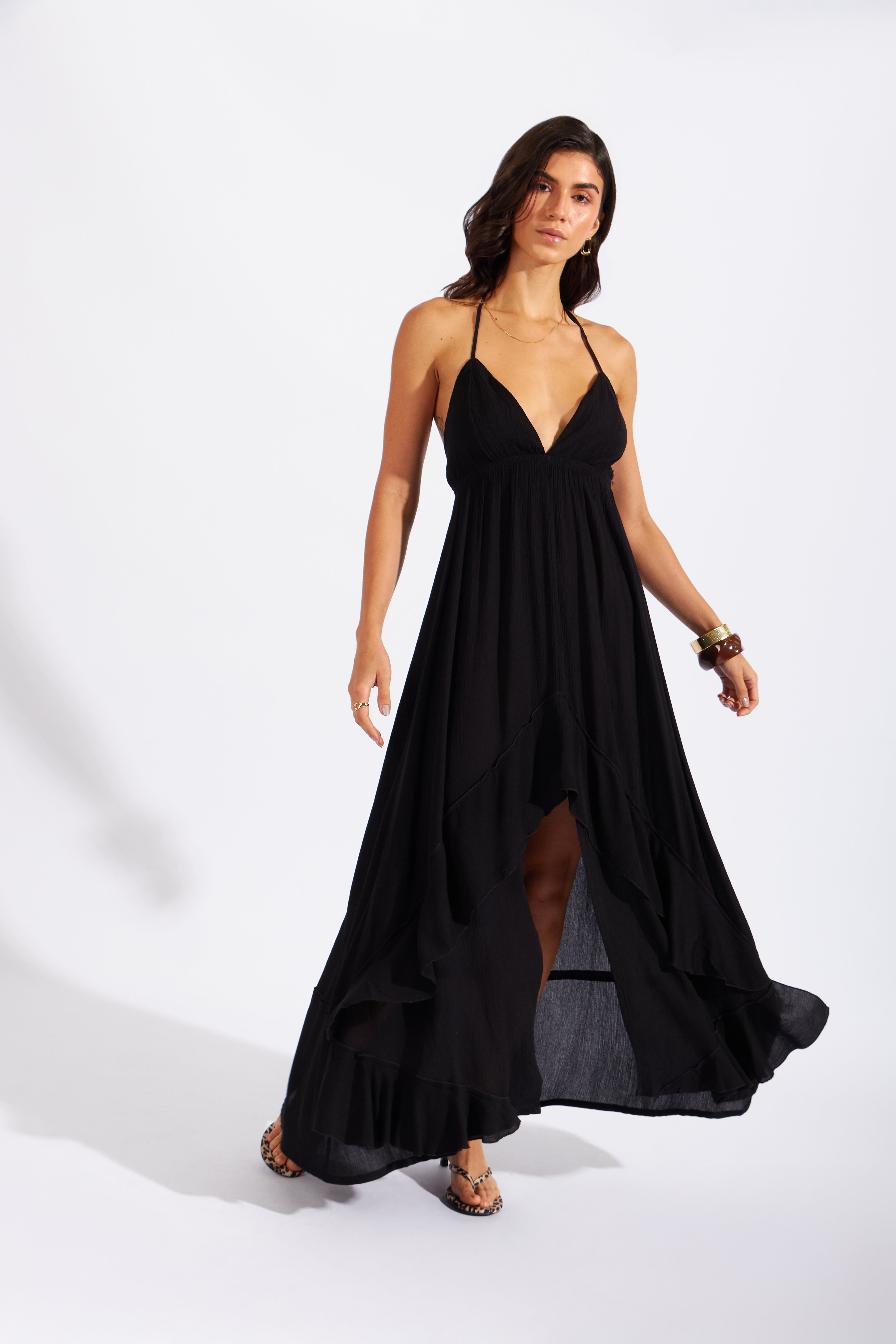 Vestido Midi Volantes - Negro