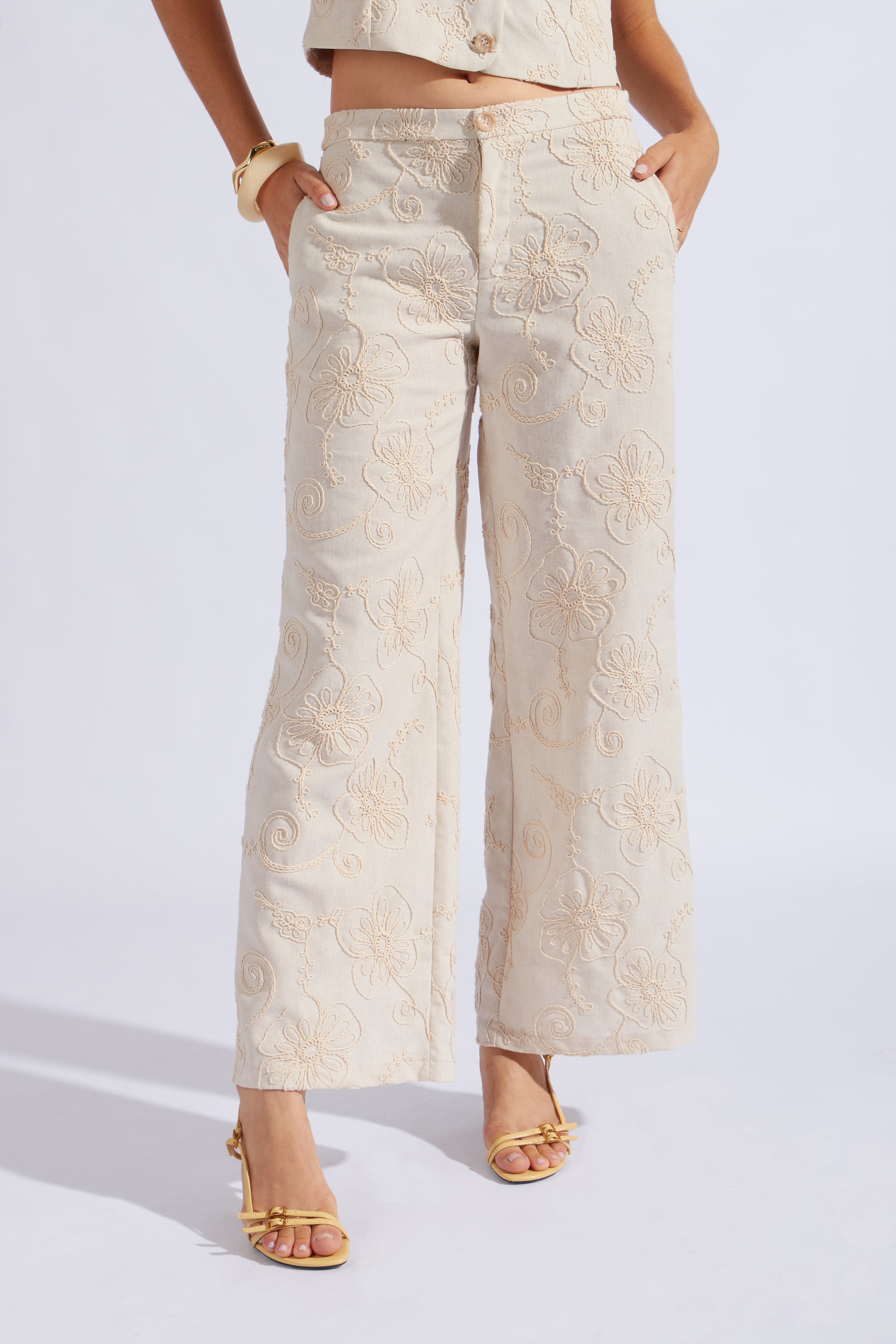 Pantalón Bordado Straight - Natural