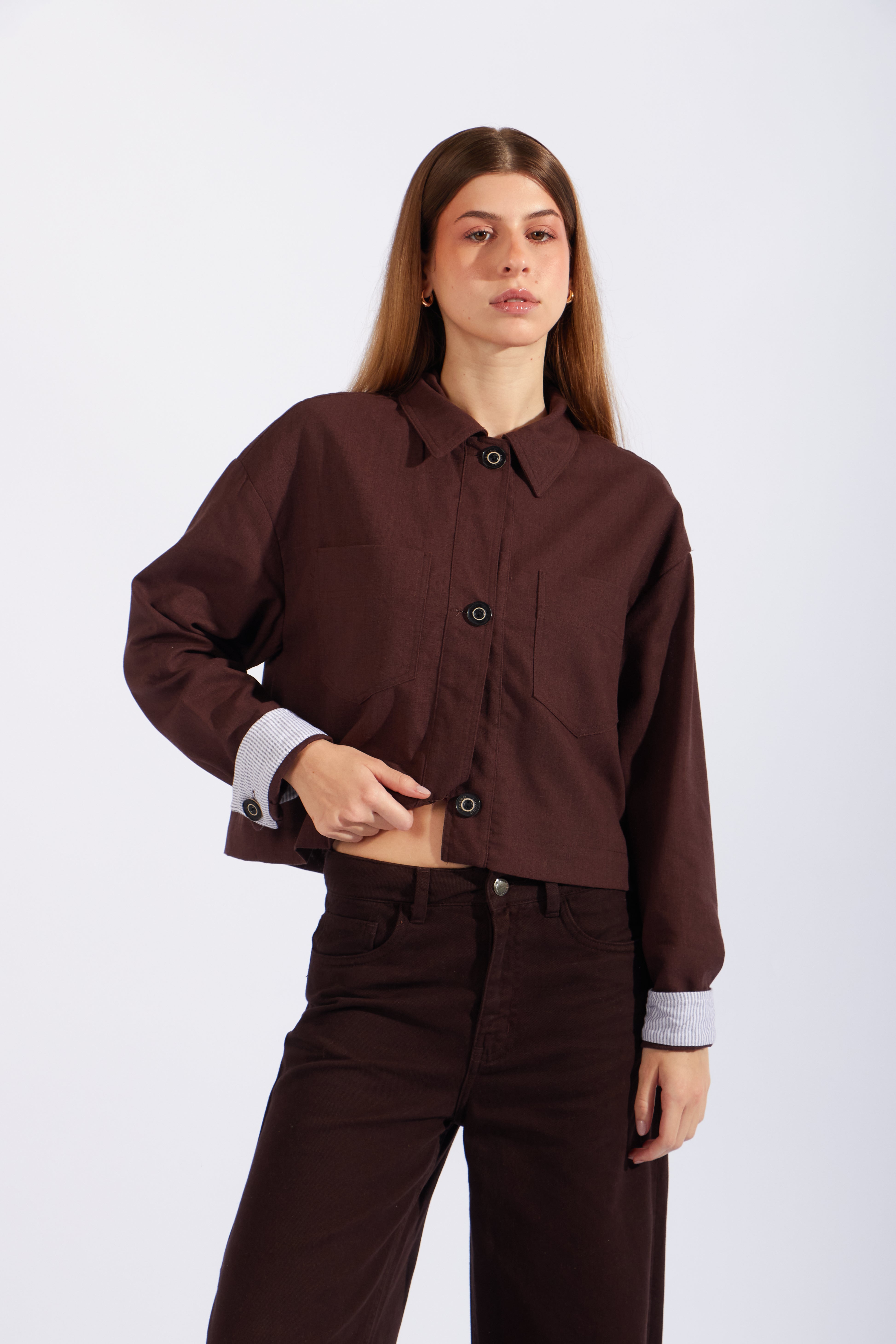 Chaqueta Cropped Lino - Marrón