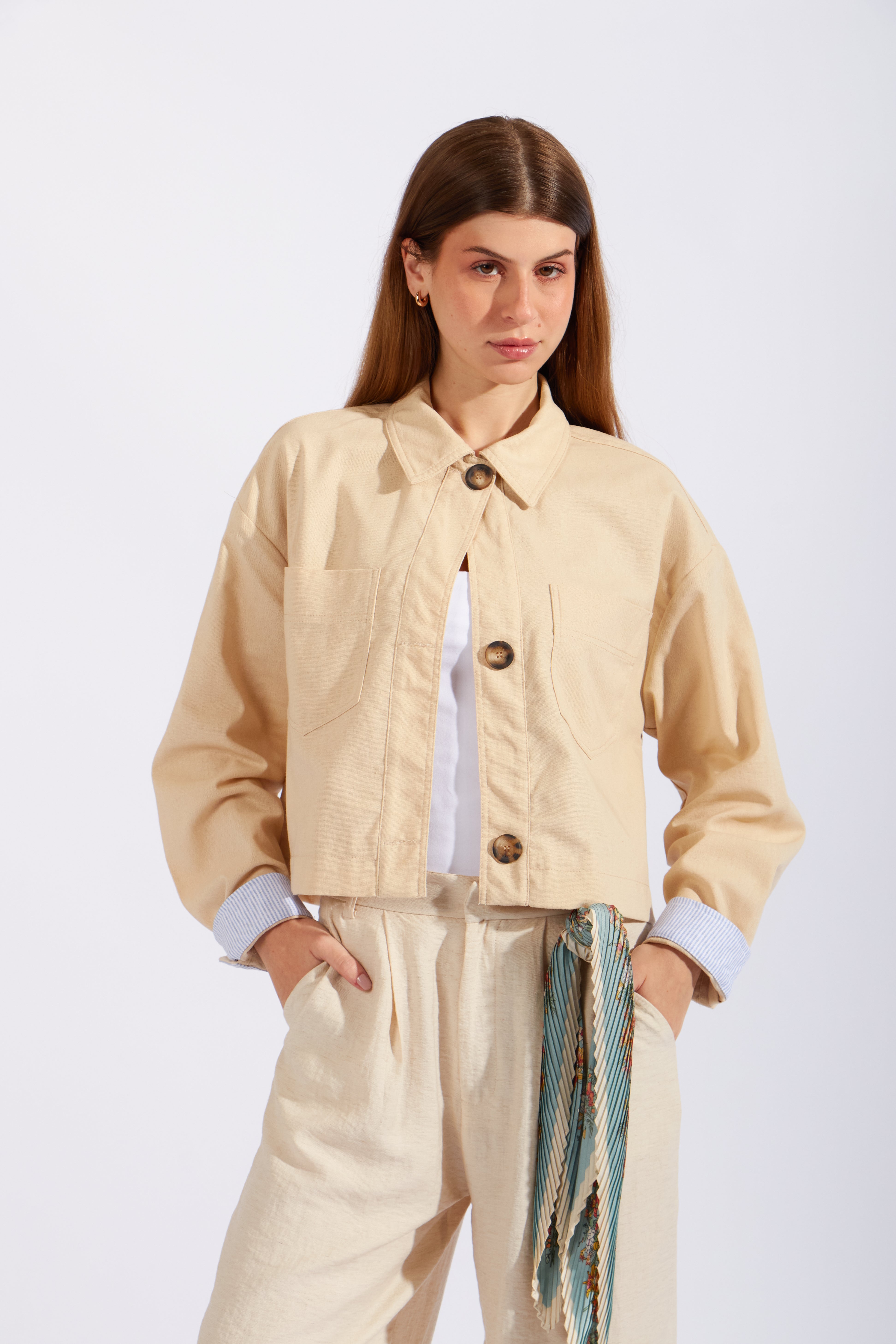 Chaqueta Cropped Lino - Arena