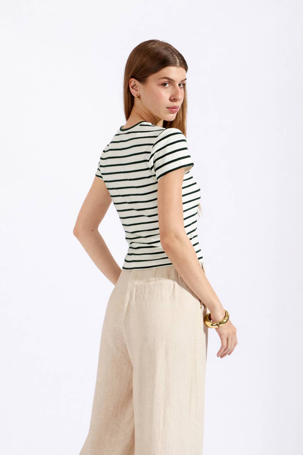 Camiseta Manga Corta - Perla con Verde Botella