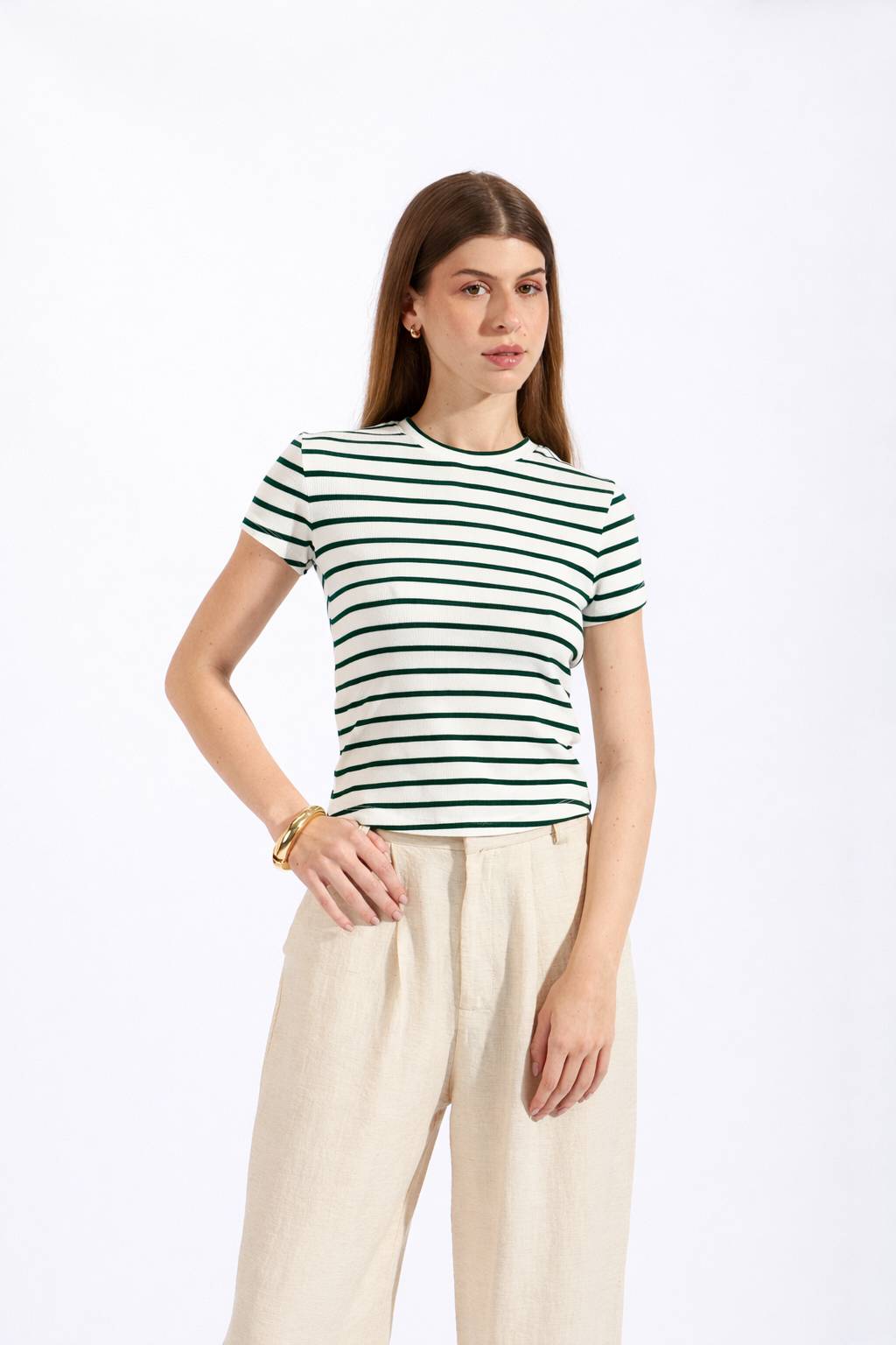Camiseta Manga Corta - Perla con Verde Botella